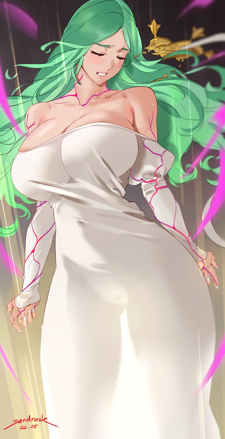 1girls bangs bare_shoulders blush bondage bound breasts cleavage clenched_teeth closed_eyes collarbone corruption dress female female_only femsub fire_emblem fire_emblem:_three_houses fire_emblem_heroes green_hair highres huge_breasts long_hair nintendo official_alternate_costume parted_bangs restrained rhea_(fire_emblem) sendrawz solo teeth white_dress