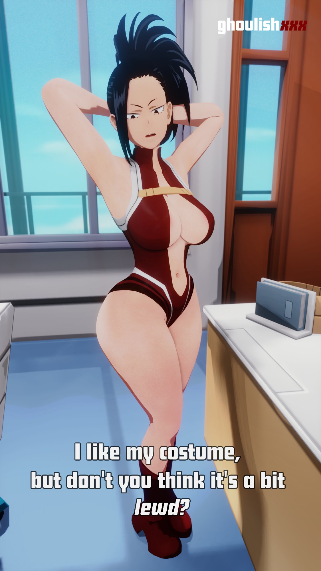 1girls, 3d, armpits, big breasts, black hair, black-haired female, blender, breasts, clothed, female, female only, ghoulishxxx, hero outfit (mha), human, human female, large breasts, leotard, light skin, light-skinned female, momo yaoyorozu, momo yaoyorozu (hero outfit), my hero academia, slim waist, solo, superheroine, text, thick thighs, watermark, wide hips