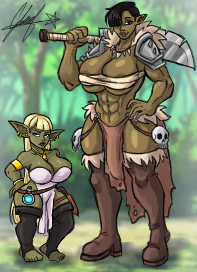 1futa, 1girls, abs, areola slip, bangs, big breasts, black hair, blonde hair, blunt bangs, blurry background, breasts, clothed, clothing, duo, earrings, fanart500x, female, futanari, goblin, goblin female, green skin, hair over one eye, huge breasts, humanoid, intersex, long hair, looking at viewer, lowres, mostly nude, muscular, muscular futa, orc, orc futa, partially clothed, pointy ears, short hair, shortstack, smiling, smiling at viewer, sona (cinnabus), standing, thick thighs, wide hips