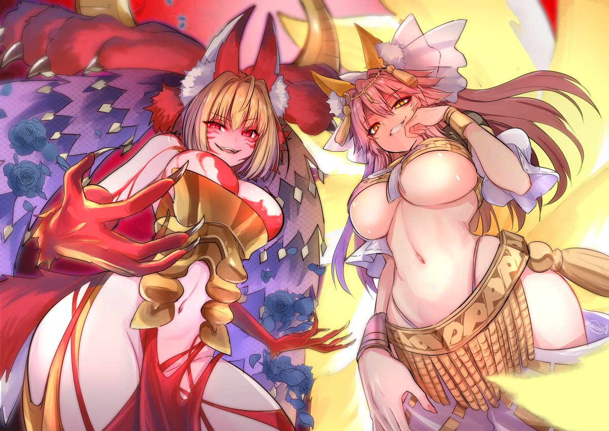 amaterasu_(fate) belly blonde_hair claws claws_out diety evil_grin eyeliner fate/extra fate/grand_order fate_(series) fox_ears fox_girl goddess golden_eyes kitsune kitsunemimi kyuubi large_breasts long_hair looking_at_viewer looking_down midriff navel nero_claudius_(fate) overboob pink_hair queen_draco_(fate) red_eyes slender_waist stomach tagme tamamo_no_mae_(fate) thighs underboob waist-length_hair whore_of_babylon whore_of_babylon_(fate) wide_hips wisespeak