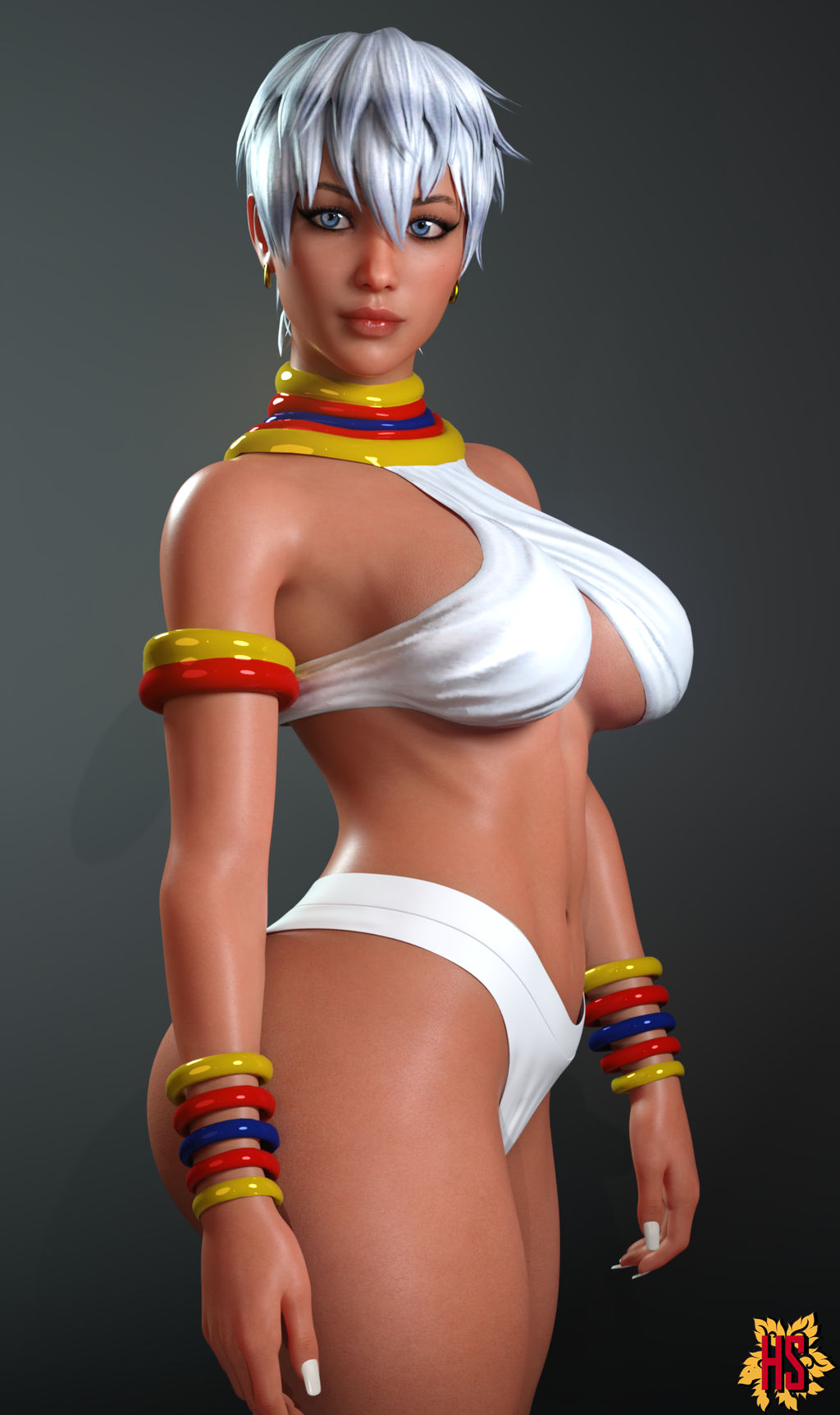 1girls, 3d, ass, big ass, big breasts, blue eyes, breasts, capcom, dark skin, dark-skinned female, earrings, elena (street fighter), female, female only, hagiwara studio, short hair, solo, street fighter, street fighter iii, street fighter iii: 3rd strike, tagme, thick thighs, tribal clothing, white background, white hair
