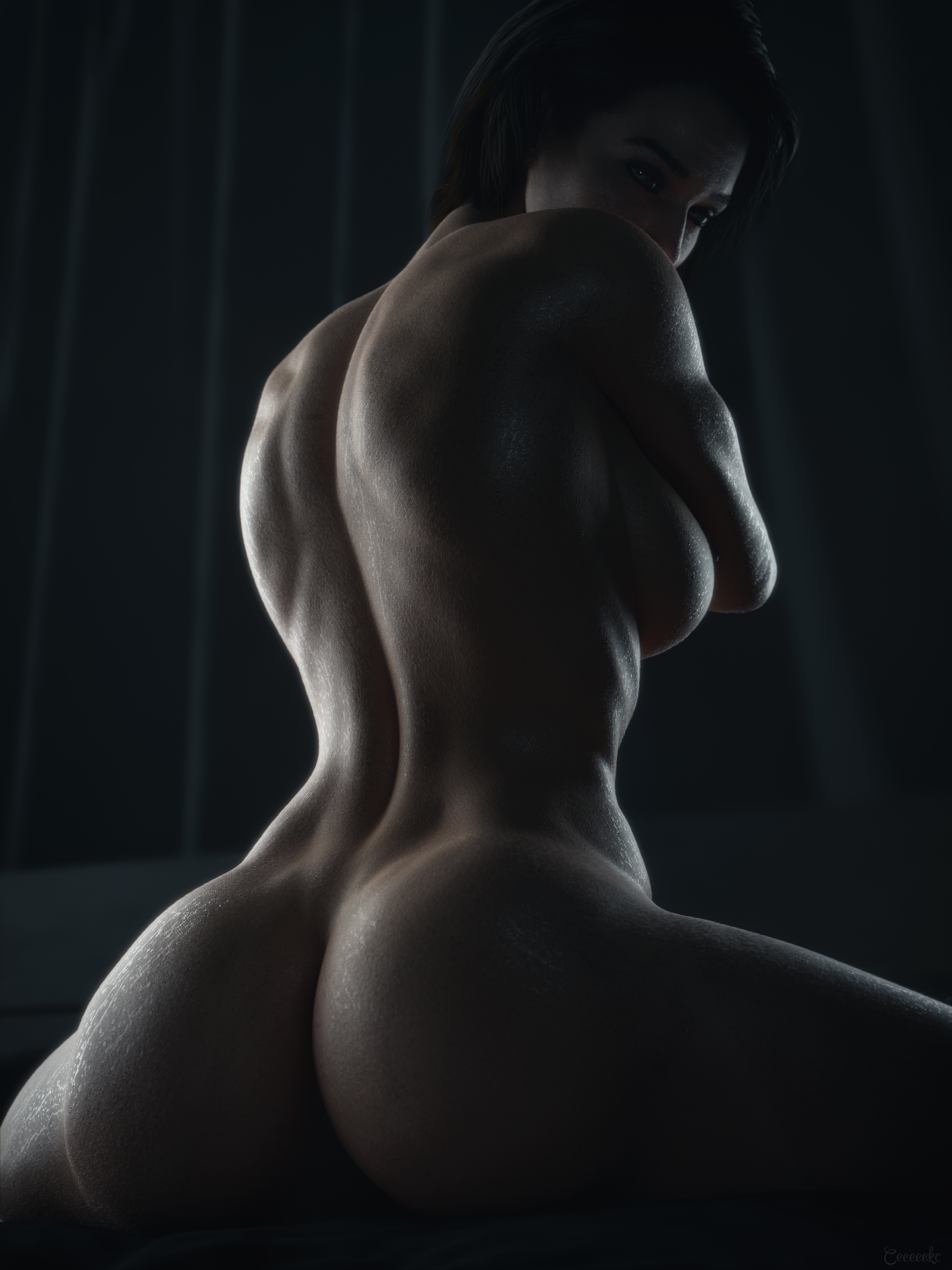 1girls, 3d, 3d (artwork), 4k, ass, athletic, athletic female, blender, blender (software), blue eyes, breasts, brown hair, capcom, ceeeeekc, female, female focus, female only, human, jill valentine, jill valentine (sasha zotova), light skin, light-skinned female, looking at viewer, looking back, muscular, muscular female, nude, resident evil, resident evil 3, resident evil 3 remake, solo, solo female, solo focus, thong