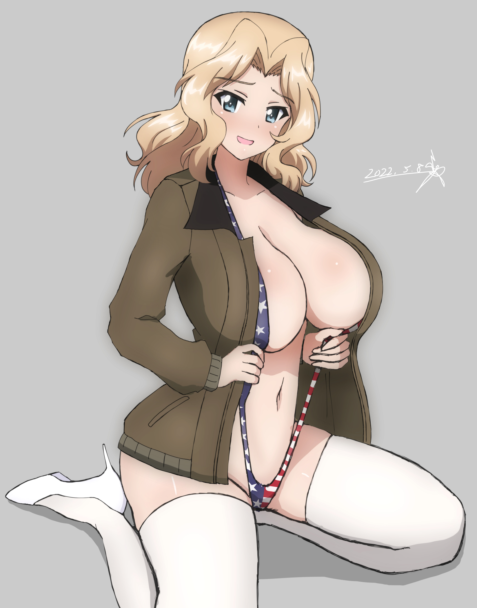 american flag, blonde hair, blue eyes, breasts, brown jacket, bukkuri, dated, female, flag print, girls und panzer, grey background, hair intakes, high heels, highres, jacket, kay (girls und panzer), kneeling, large breasts, long hair, looking at viewer, navel, open mouth, signature, simple background, sitting, slingshot swimsuit, solo, stomach, swimsuit, thighhighs, white footwear, white legwear