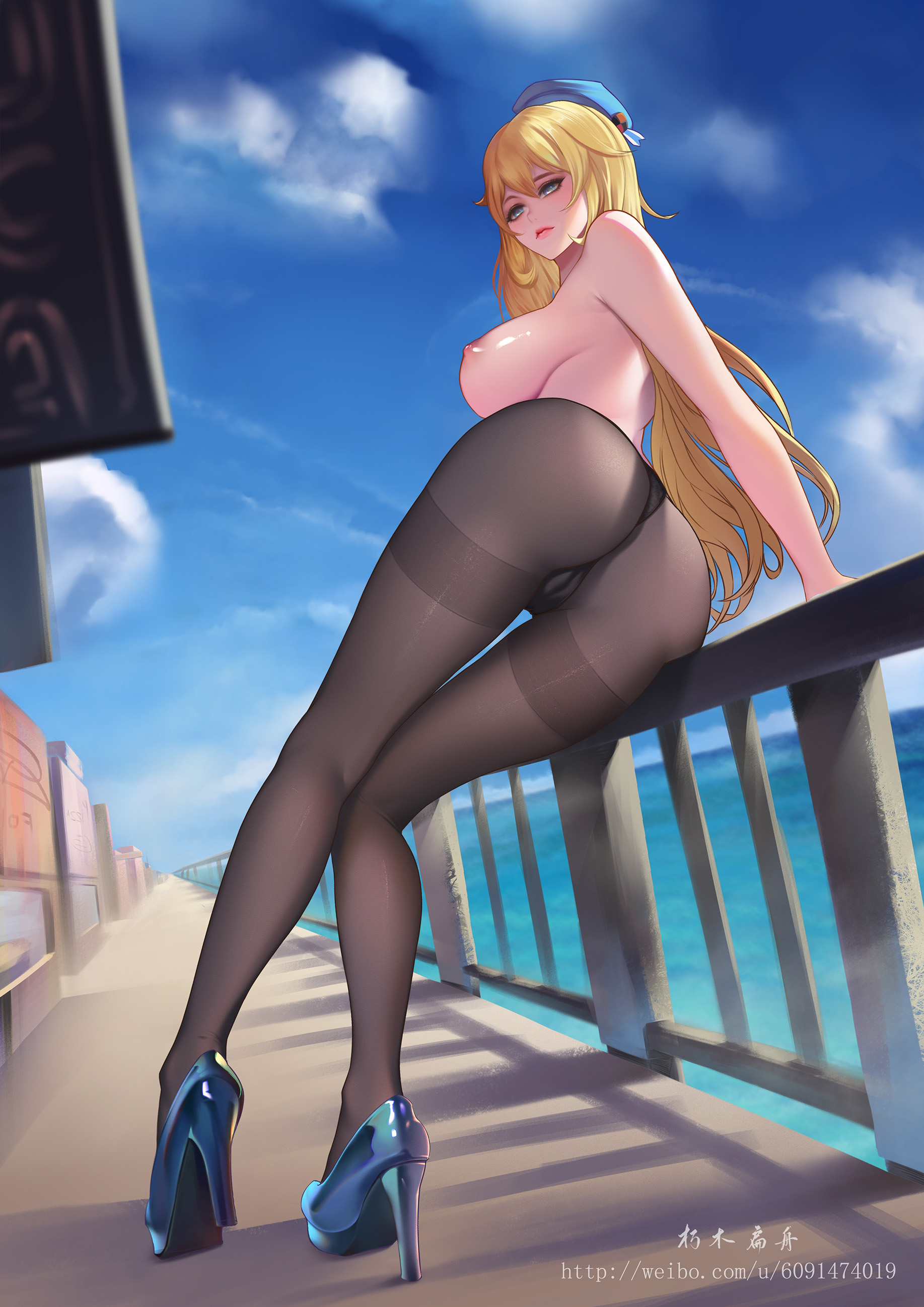 absurdres, artist name, ass, atago (kantai collection), bangs, beret, black legwear, black panties, blonde hair, blue eyes, blue footwear, blue headwear, blue sky, breasts, closed mouth, cloud, cloudy sky, color, commentary request, day, eyelashes, eyeliner, female, from behind, full body, gusset, hair between eyes, hat, high heels, highres, kantai collection, kneepits, large breasts, legs, light skin, light-skinned female, long hair, looking at viewer, looking back, makeup, nipples, nose, ocean, outdoors, panties, panties under pantyhose, pantyhose, photoshop (medium), pink lips, railing, shadow, shiny, shiny skin, sidelocks, sky, solo, thighband pantyhose, thighs, topless, underwear, water, watermark, web address, weibo username, xiumu bianzhou