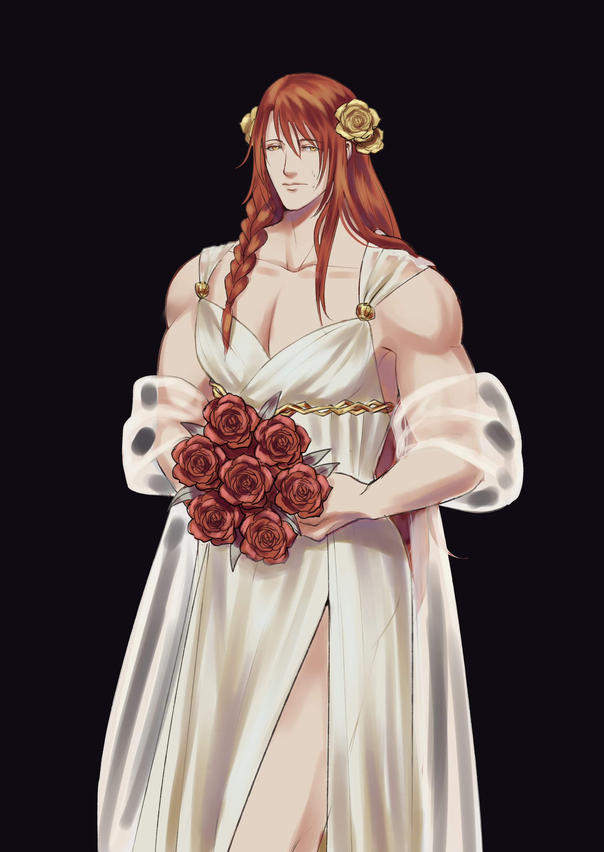 1boy, ambush (trap), bride, crossdressing, deity, dress, elden ring, flower, fromsoftware, male, male bride, male only, muscular, muscular male, pkb, radagon of the golden order, red hair, revealing clothes, transparent clothing, wedding, wedding dress