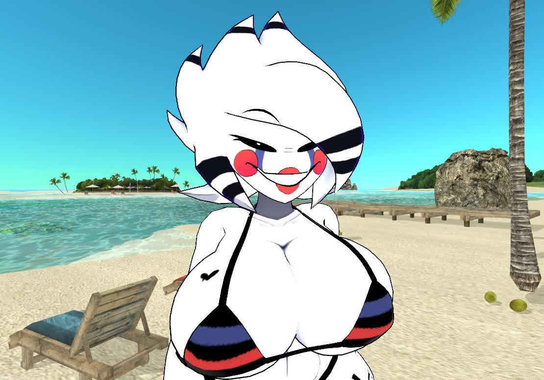 1girls, 3d, animatronic, beach, big breasts, bikini, breasts, cally3d, cleavage, cryptiacurves, fazclaire's nightclub, female, female only, five nights at freddy's, five nights at freddy's 2, fnaf, fredina's nightclub, lifeguard, looking at viewer, marie (cally3d), marie (cryptia), marionette (fnaf), puppet (cally3d), puppet (fnaf), robot, robot girl, scottgames, smile, smug, solo, vrchat, vrchat avatar, white hair, white pupils
