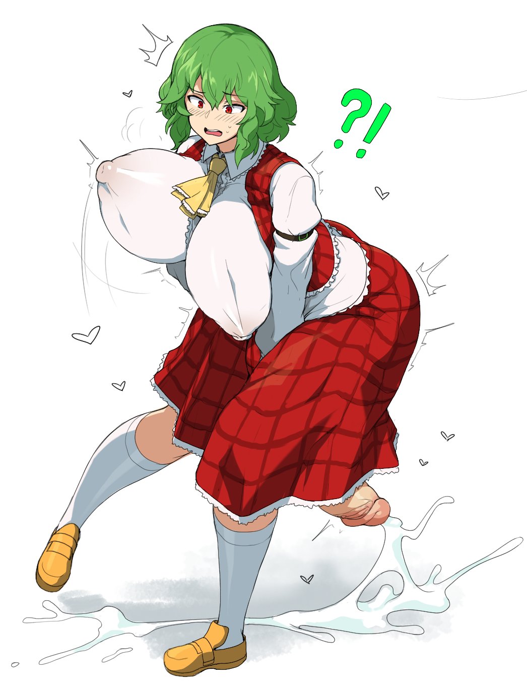 !? 1futa ascot big_ass big_breasts big_penis blush bottomless bouncing_breasts breasts checkered_dress circumcised clothed clothing cock-tail covering_penis cum cum_on_floor dress ejaculation embarrassed erect_nipples erection frilled_dress futa_only futanari green_hair hands-free handsfree_ejaculation heart hiding_penis huge_breasts huge_cock human kneehighs knees_together_feet_apart light-skinned_futanari light_skin mostly_clothed nipples_visible_through_clothing orgasm penis red_eyes short_hair sinensian skirt solo standing surprised touhou tucking uncensored yuka_kazami