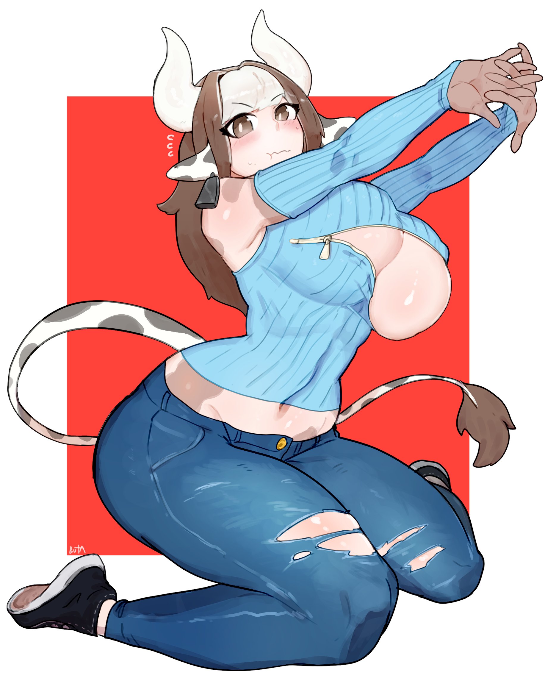 1girls, bell earrings, big breasts, blush, breasts, brown eyes, brown hair, buta99, commission, cow ears, cow girl, cow horns, cow print, cow tail, female, female only, hi res, horns, humanoid, kneeling, long hair, looking at viewer, overflowing breasts, pout, ripped clothes, ripped clothing, solo, solo female, stretching, tail, tail tuft, thick thighs, white highlights