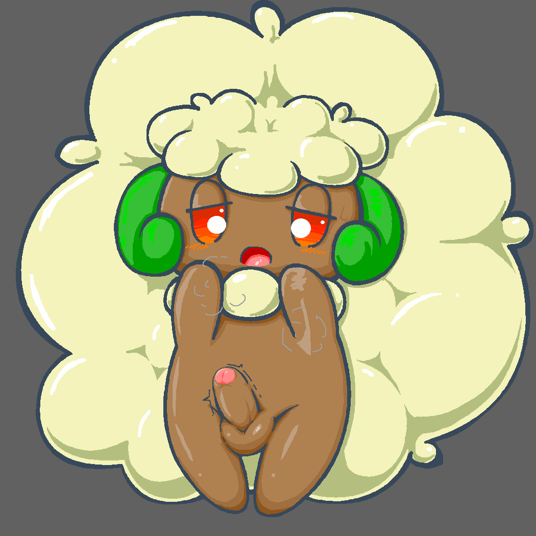 balls blonde_hair blush brown_body elemental_creature flora_fauna genitals grey_background hair humanoid_genitalia humanoid_penis male nintendo open_mouth penis plant pokémon_(species) pokemon red_eyes sanusanu simple_background solo video_games whimsicott