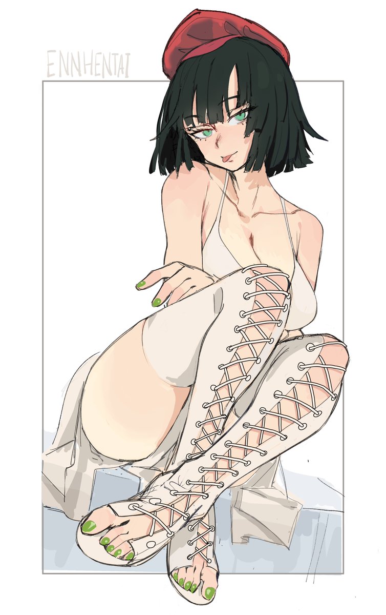 ass, big breasts, black hair, breasts, cleavage, clothed, ennhentai, female, fubuki (one-punch man), headwear, laced boots, legs, one-punch man, painted nails, short hair, sitting, thighs, tongue, tongue out