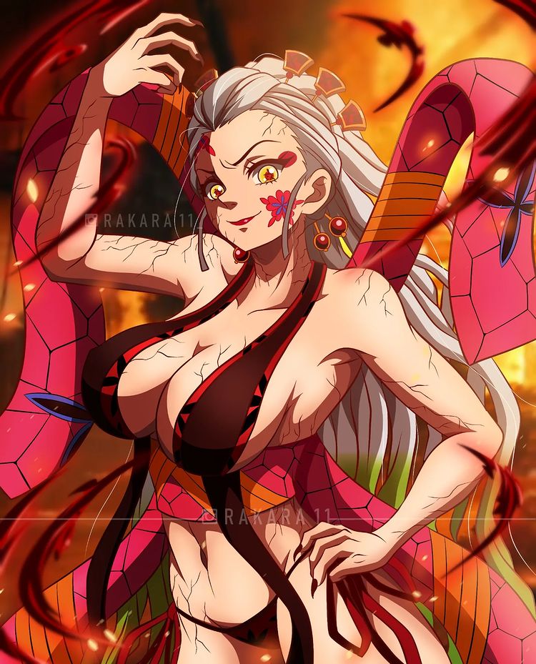 1girls, big breasts, black nails, breasts, cleavage, daki (kimetsu no yaiba), demon, demon girl, demon slayer, earrings, facial markings, female, female only, flower, green eyes, hair ornament, hand on hip, kimetsu no yaiba, linea alba, lingerie, lipstick, looking at viewer, nails, obi, panties, rakara11, red lipstick, sharp fingernails, side-tie panties, solo, veins, white hair, white-haired female