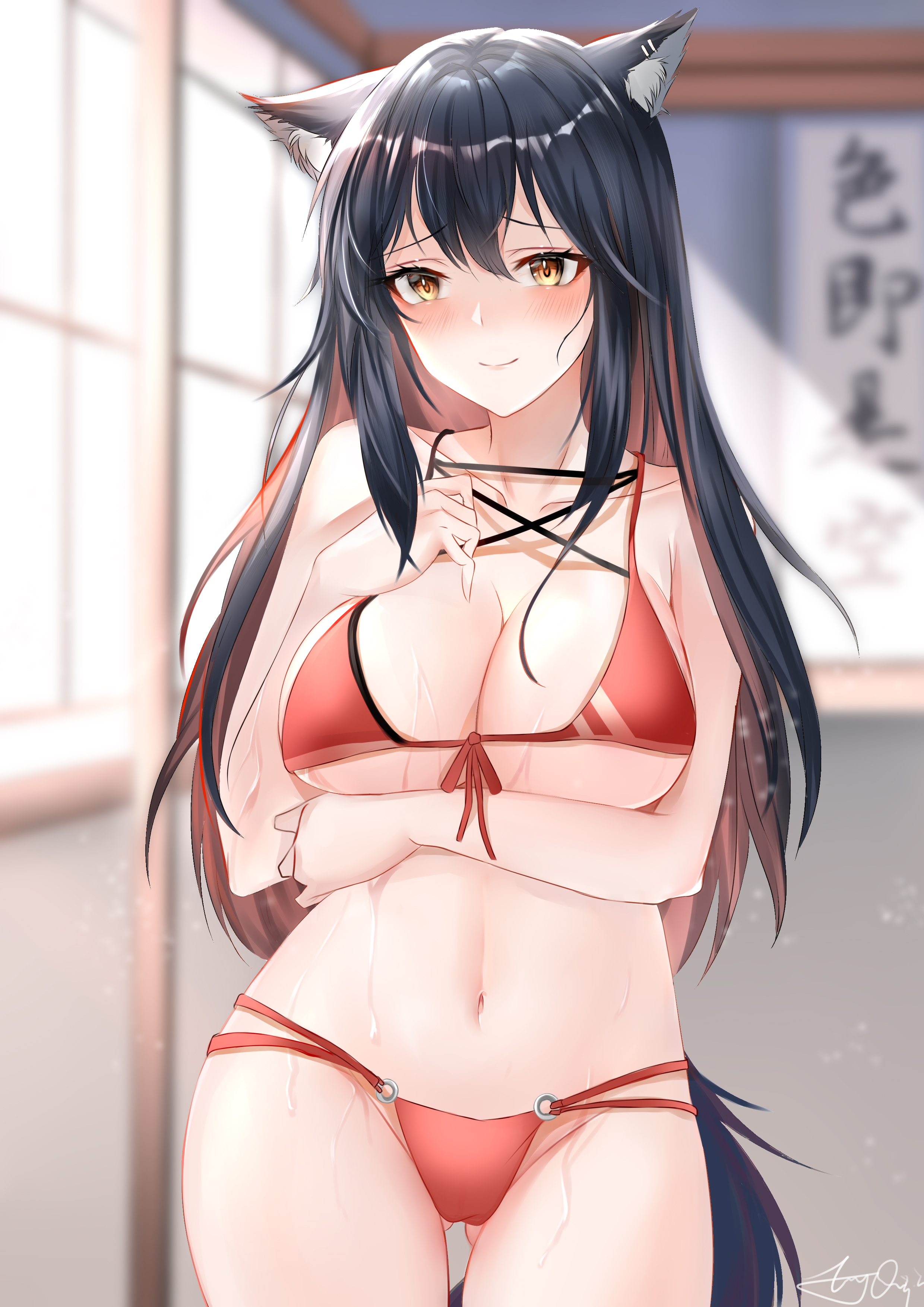 absurdres, animal ears, arknights, arm under breasts, bikini, black hair, blush, breasts, cleavage, collarbone, cowboy shot, female, front-tie bikini, front-tie top, gluteal fold, groin, highres, indoors, large breasts, light rays, long hair, looking at viewer, multicolored hair, navel, nervous smile, qyan, red bikini, red hair, solo, streaked hair, swimsuit, tail, texas (arknights), thighs, two-tone hair, wolf ears, wolf girl, wolf tail, yellow eyes