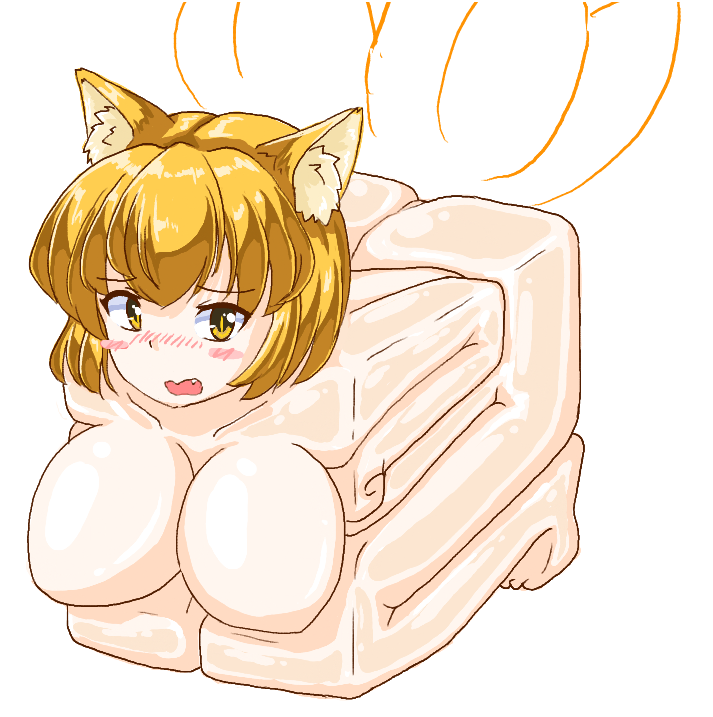 2022 ass blonde_hair box boxification breasts cube_transformation cute_fangs female fox_ears fox_girl hair humanoid looking_at_viewer nude open_mouth ran_yakumo simple_background solo tagumi touhou what white_background