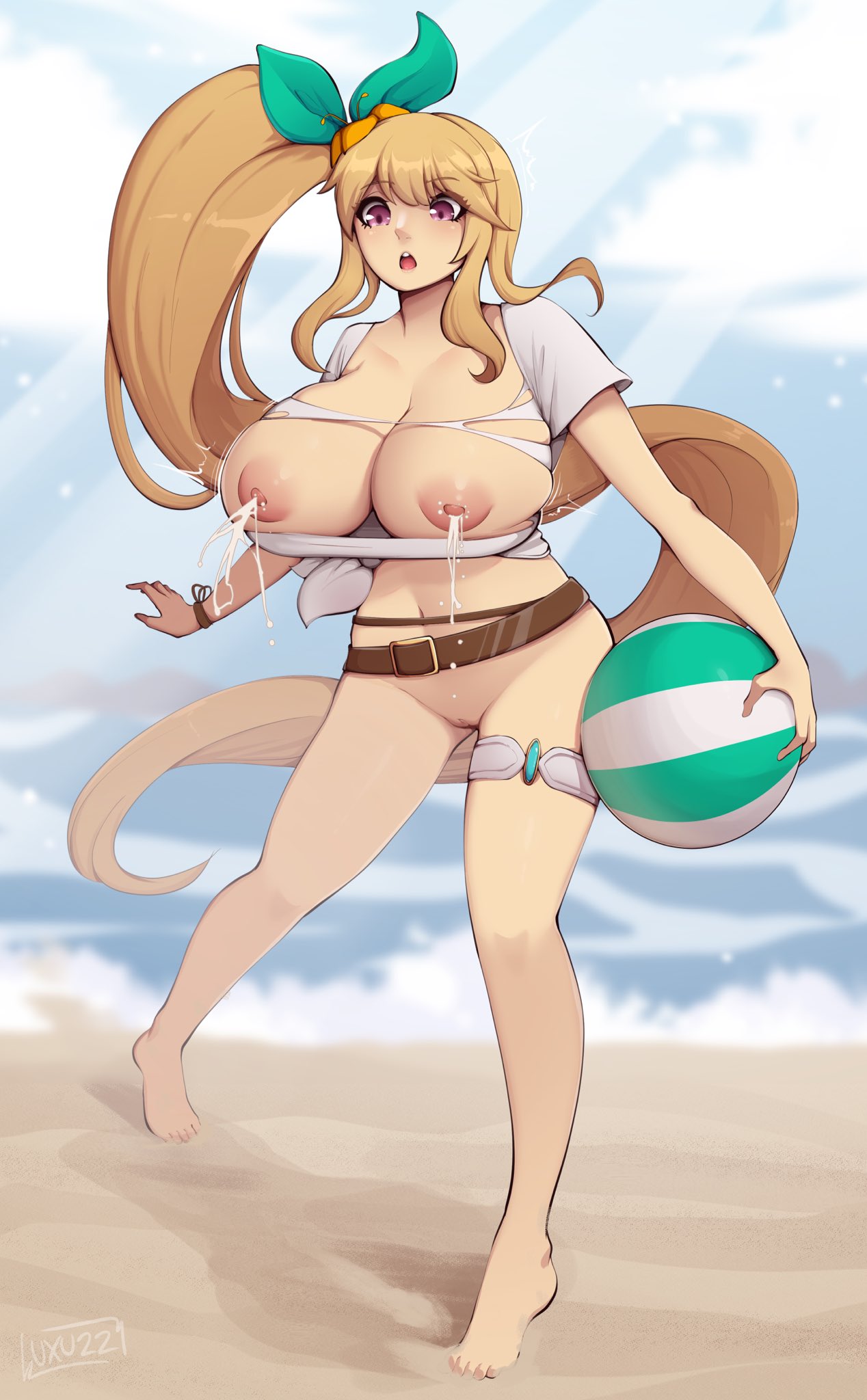 1girls :o areolae ball barefoot belt big_breasts blonde_hair breasts commission dragalia_lost elisanne female female_only hair_ribbon hi_res huge_breasts inflatable lactation legband long_hair looking_at_breasts luxurias nintendo nipples no_panties ponytail purple_eyes pussy seaside solo solo_female torn_clothes very_long_hair