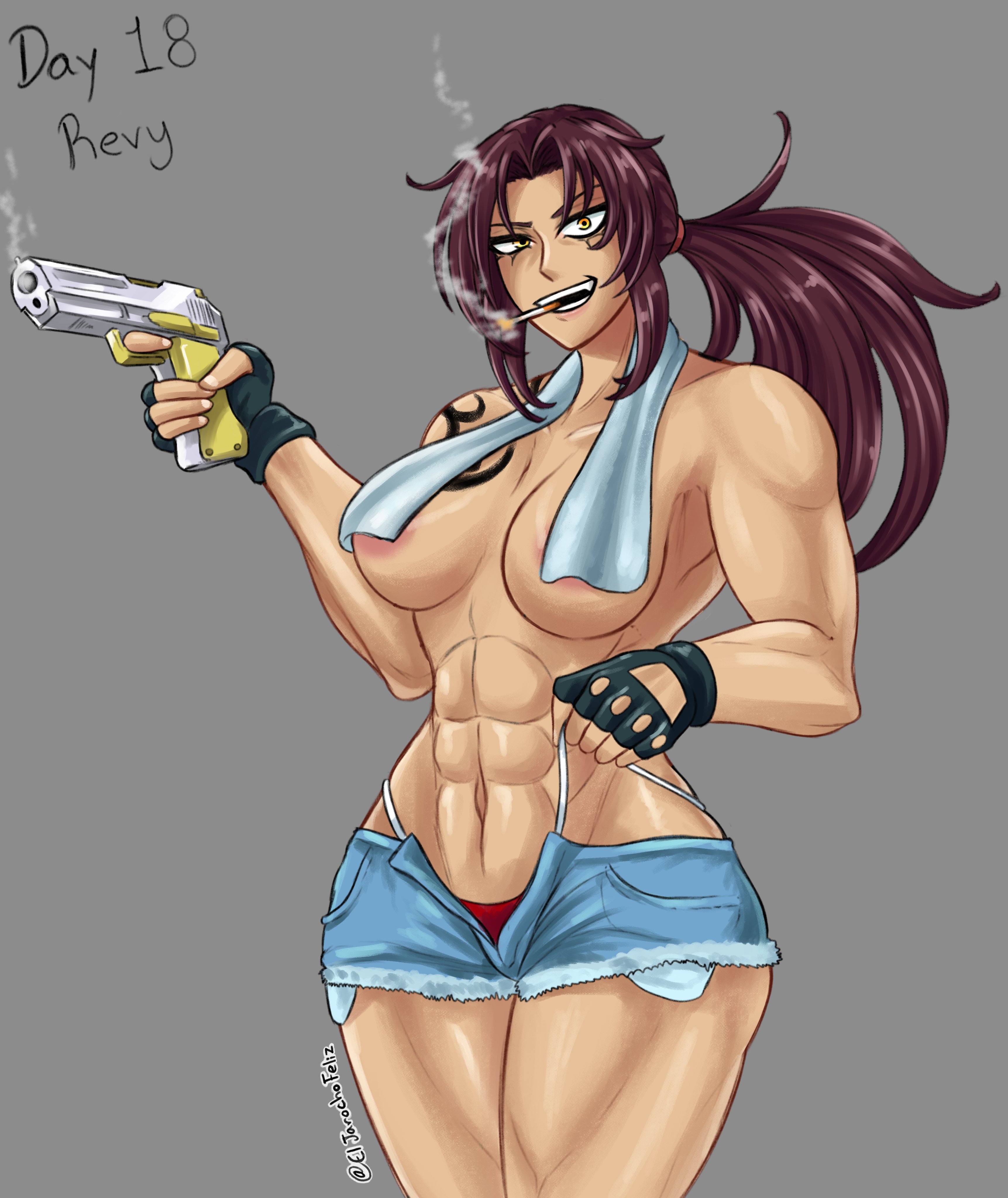 1girls, abs, black lagoon, breasts, casual, cigarette, eljarochofeliz, female, female only, firearm, gloves, gun, handgun, handwear, holding object, holding weapon, human, muscular, muscular female, no bra, pale skin, panties, revy, shorts, smoking, solo, tattoo, thong, towel, weapon