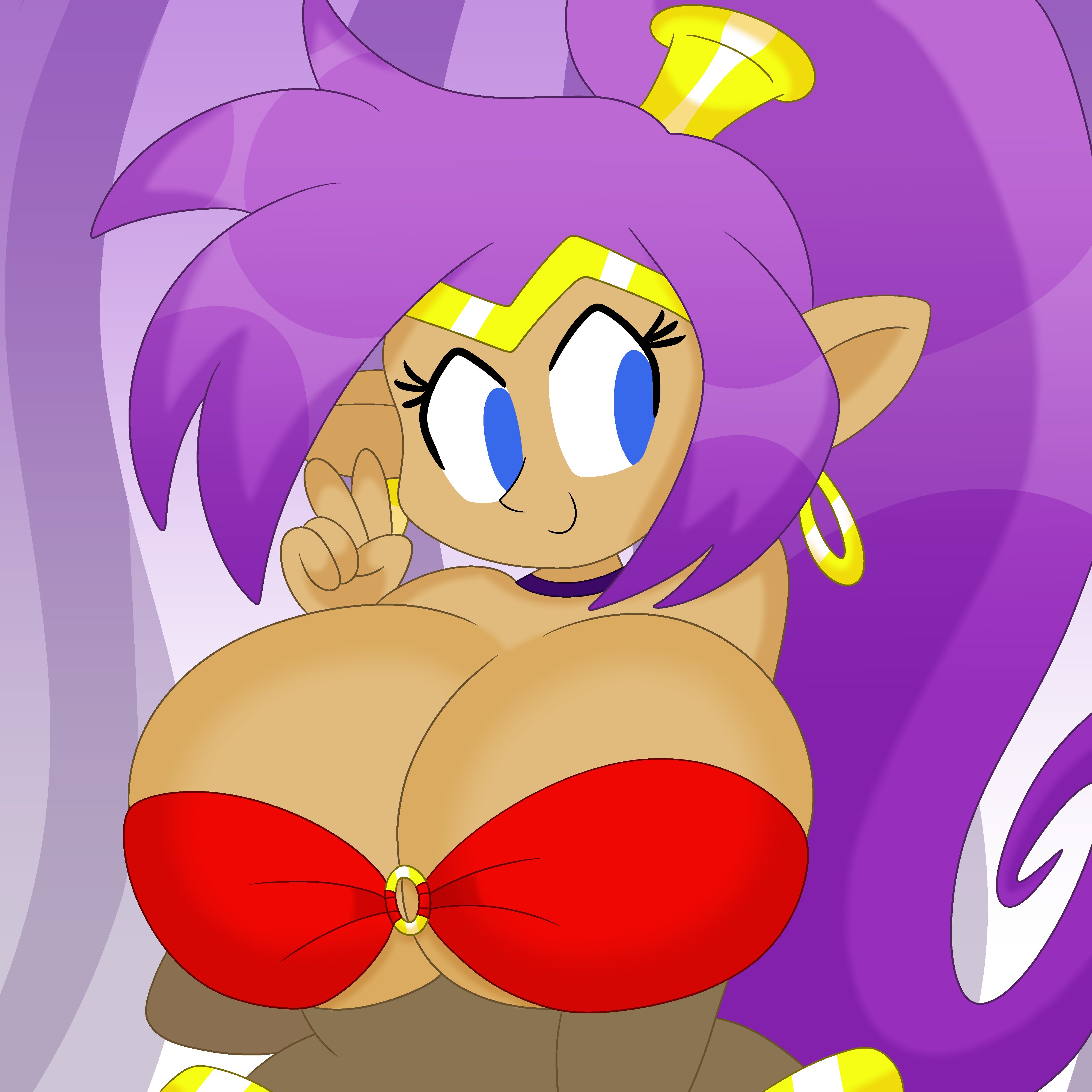 1girls, 3barts, belly dancer, belly dancer outfit, big breasts, breasts, cleavage, clothing, earrings, female, female only, genie, huge breasts, humanoid, long hair, ponytail, purple hair, shantae, shantae (character), smile, smooth skin, solo, tan body, tan skin