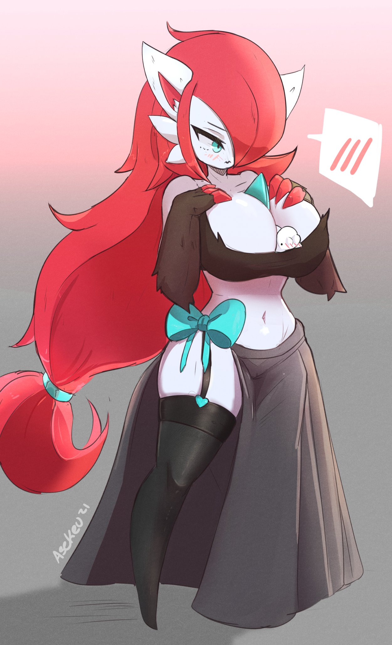 2021 alternate_color asekeu blue_eyes blush bow claws clothed clothing cosplay_gardevoir dusk_(psyke) embarrassed gardevoir hybrid nub_feet pokemon pokemon_(species) pokemon_hybrid red_hair skindentation snom stockings zoroark