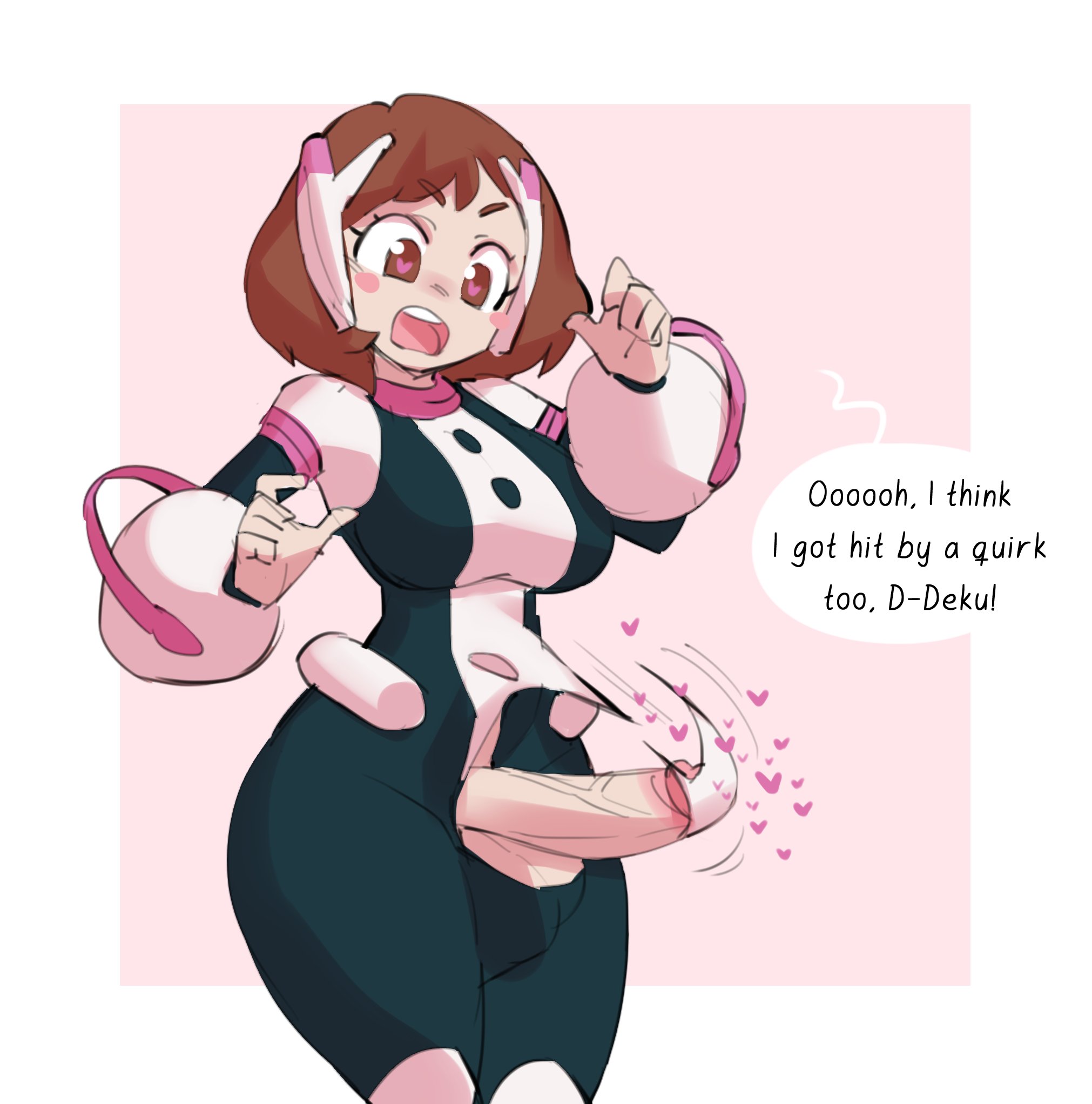 1futa, 2022, balls, big balls, big penis, bodysuit, borvar, breasts, brown eyes, brown hair, clothed, clothing, clothing malfunction, commission, dialogue, english text, erection, front view, futa only, futa transformation, futanari, genital growth, heart, heart-shaped pupils, hero outfit (mha), human, intersex, light skin, light-skinned futa, mostly clothed, my hero academia, ochako uraraka, penis, penis growth, penis out, ripped bodysuit, ripped clothing, short hair, shounen jump, solo, speech bubble, standing, subscribestar, surprised, testicles, text, thick thighs, transformation, uraraka ochako, wide hips