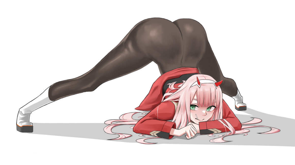 ass, ass focus, big ass, boots, candy, darling in the franxx, female, green eyes, horns, jackochallenge, large ass, lolipop, long hair, military uniform, pink hair, solo, white background, zero two (darling in the franxx)