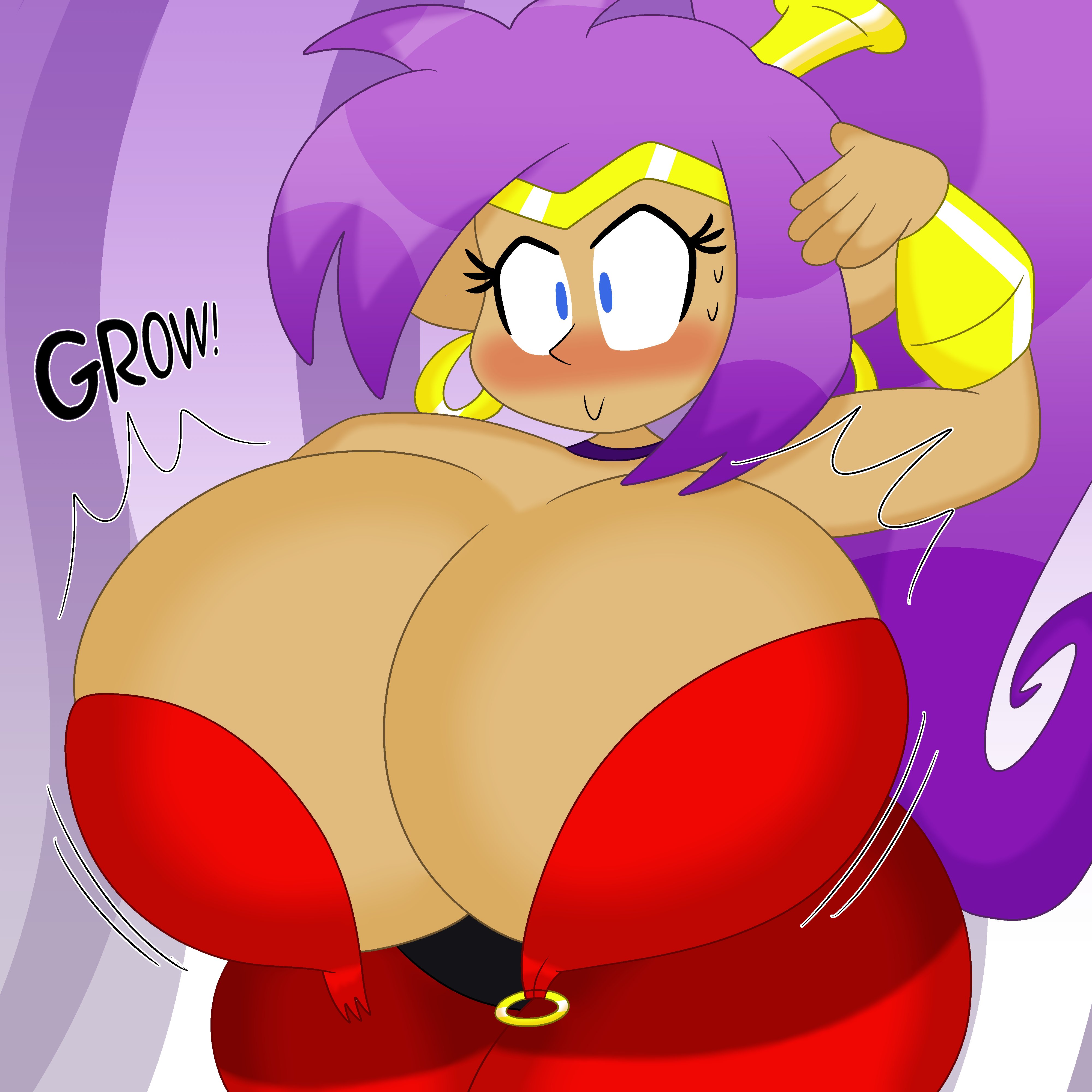 1girls, 3barts, belly dancer, belly dancer outfit, big breasts, blush, breast expansion, breast growth, breast growth (enlargement), breasts, cleavage, clothing, earrings, expansion, female, female only, huge breasts, hyper breasts, long hair, ponytail, purple hair, shantae, shantae (character), smile, smooth skin, solo, surprised, tan body, tan skin, wardrobe malfunction, wayforward