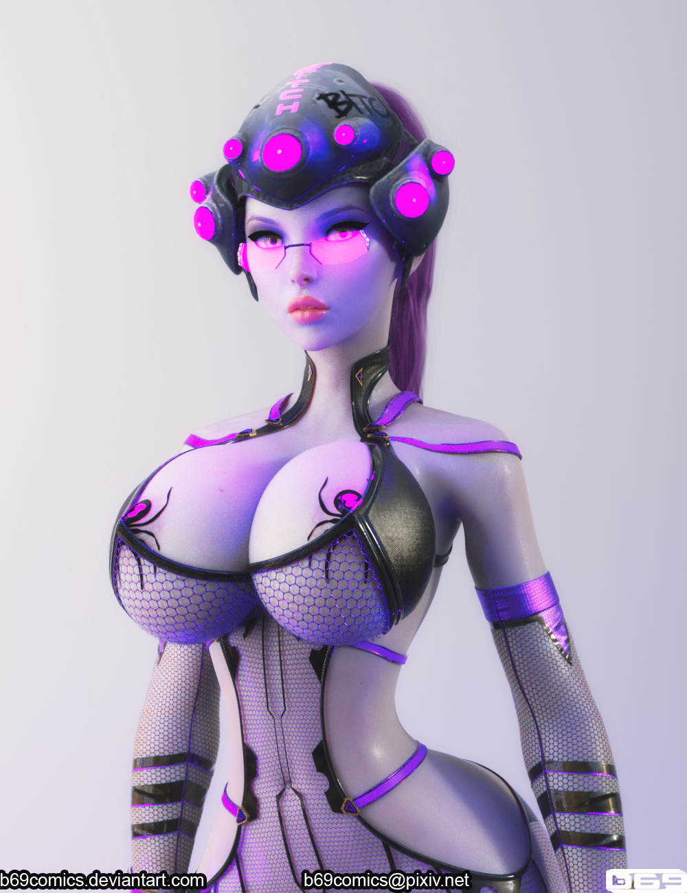 1girls, 3d, artist name, b69, bare shoulders, breasts, cleavage, female, female focus, large breasts, long hair, navel, overwatch, purple hair, purple skin, purple-tinted eyewear, see-through, sunglasses, tagme, tinted eyewear, widowmaker