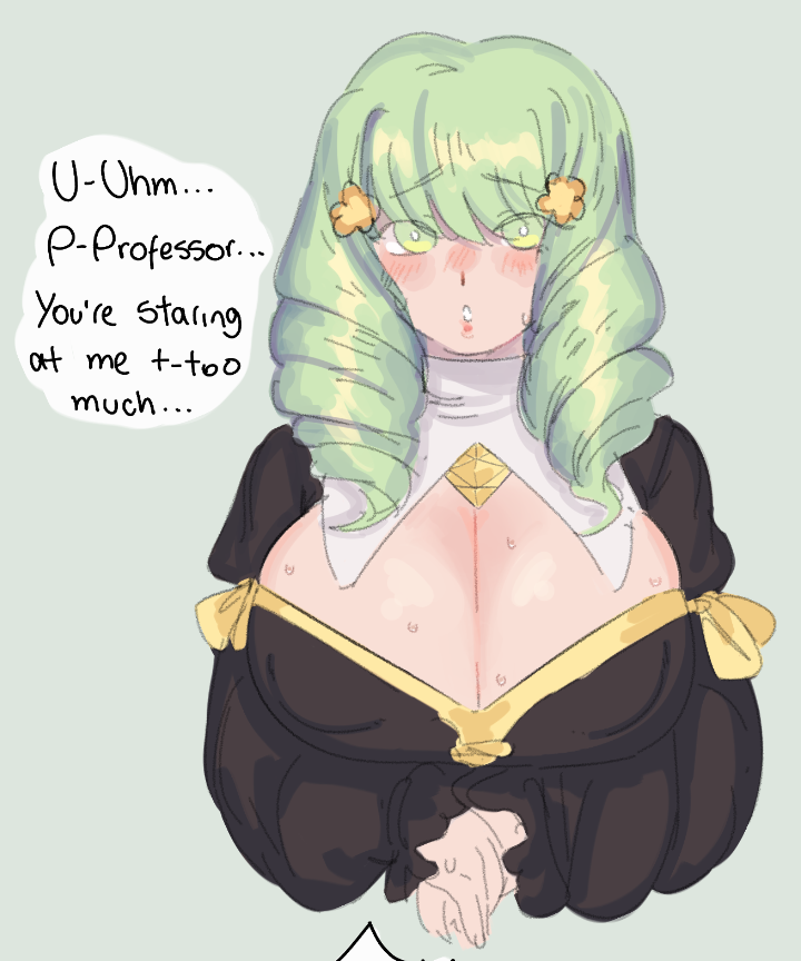 1girls alternate_breast_size cleavage_window dialogue dress eyebrows_visible_through_hair female_only fire_emblem fire_emblem:_three_houses flayn_(fire_emblem) flustered green_eyes green_hair hairpins large_breasts miriasuu nintendo nipples_visible_through_clothing no_background sweaty twin_drills