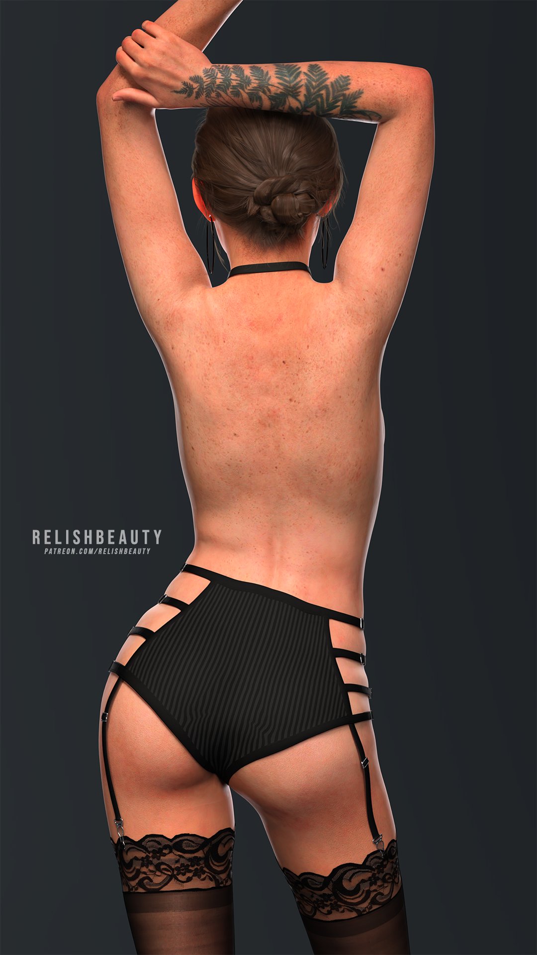 3d arms_up ass back_view bare_back ellie_(the_last_of_us) ellie_williams female female_focus female_only garter_belt naughty_dog nylons panties relishbeauty stockings tattoo the_last_of_us the_last_of_us_2 topless wide_hips