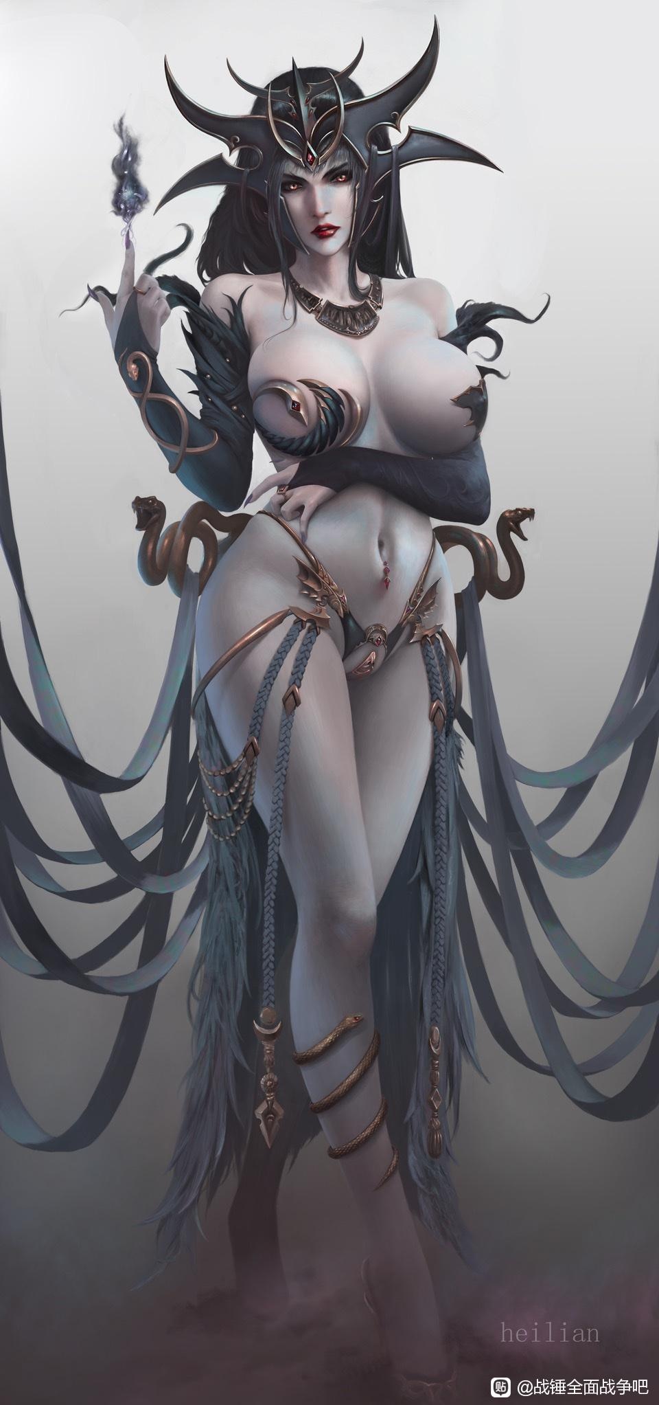 1girls, 2d, black hair, dark elf, druchii, elf, female, female only, headdress, heilian, pale skin, solo, solo female, sorceress, warhammer (franchise), warhammer fantasy, witch