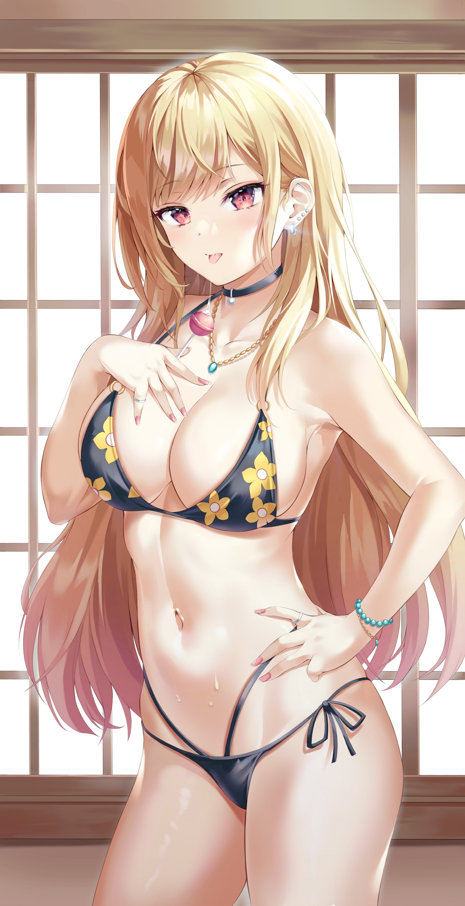 alternate costume, bikini, blonde hair, bnari, breasts, choker, female, female only, gyaru, kitagawa marin, lolipop, long fingernails, long hair, looking at viewer, official alternate costume, open mouth, piercing, solo, sono bisque doll wa koi wo suru, spit, sweat, sweatdrop