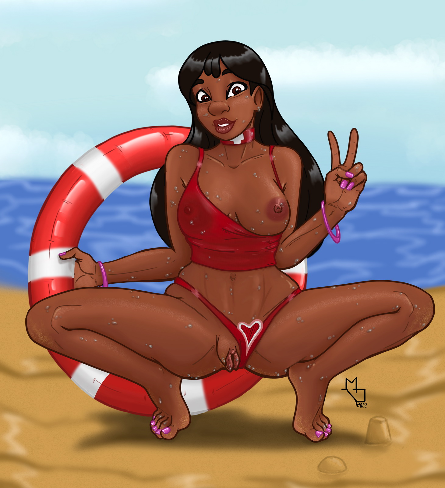 1girls, areolae, barefoot, beach, big breasts, bikini, bikini aside, bimbo, bracelet, breasts, busty, choker, collar, dark skin, dark-skinned female, disney, feet, female, female only, hourglass figure, labia, lifeguard, lilo and stitch, mayordi, medium breasts, nail polish, nani pelekai, nipple slip, nipples, nose, painted nails, painted toenails, pussy, sand, skimpy bikini, squatting, sweat, tagme, toenail polish, v sign, wide hips