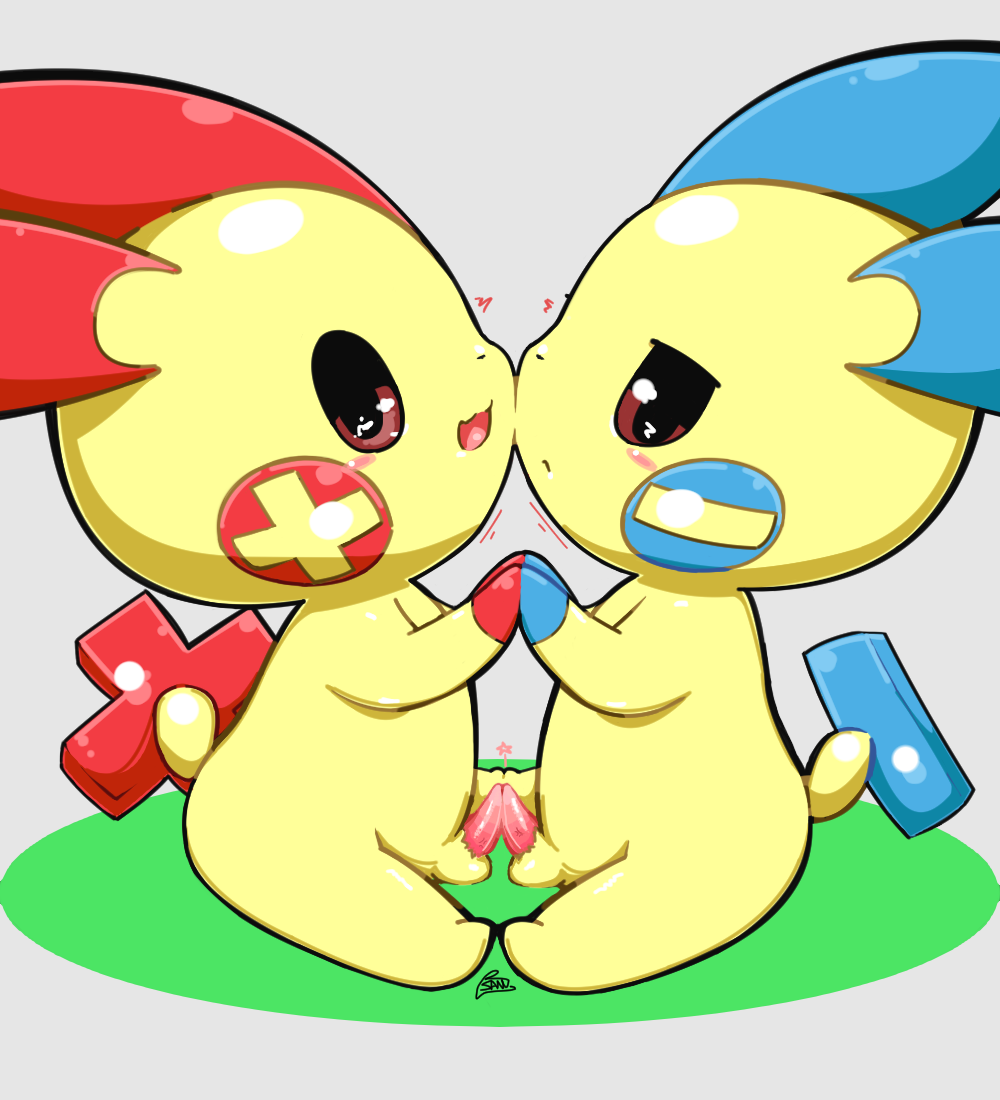 balls blush brown_eyes duo feral frottage genitals gloves_(marking) grey_background hand_holding male male/male markings minun nintendo penis plusle pokémon_(species) pokemon pokemon_(species) sanusanu sex signature simple_background star video_games yellow_body