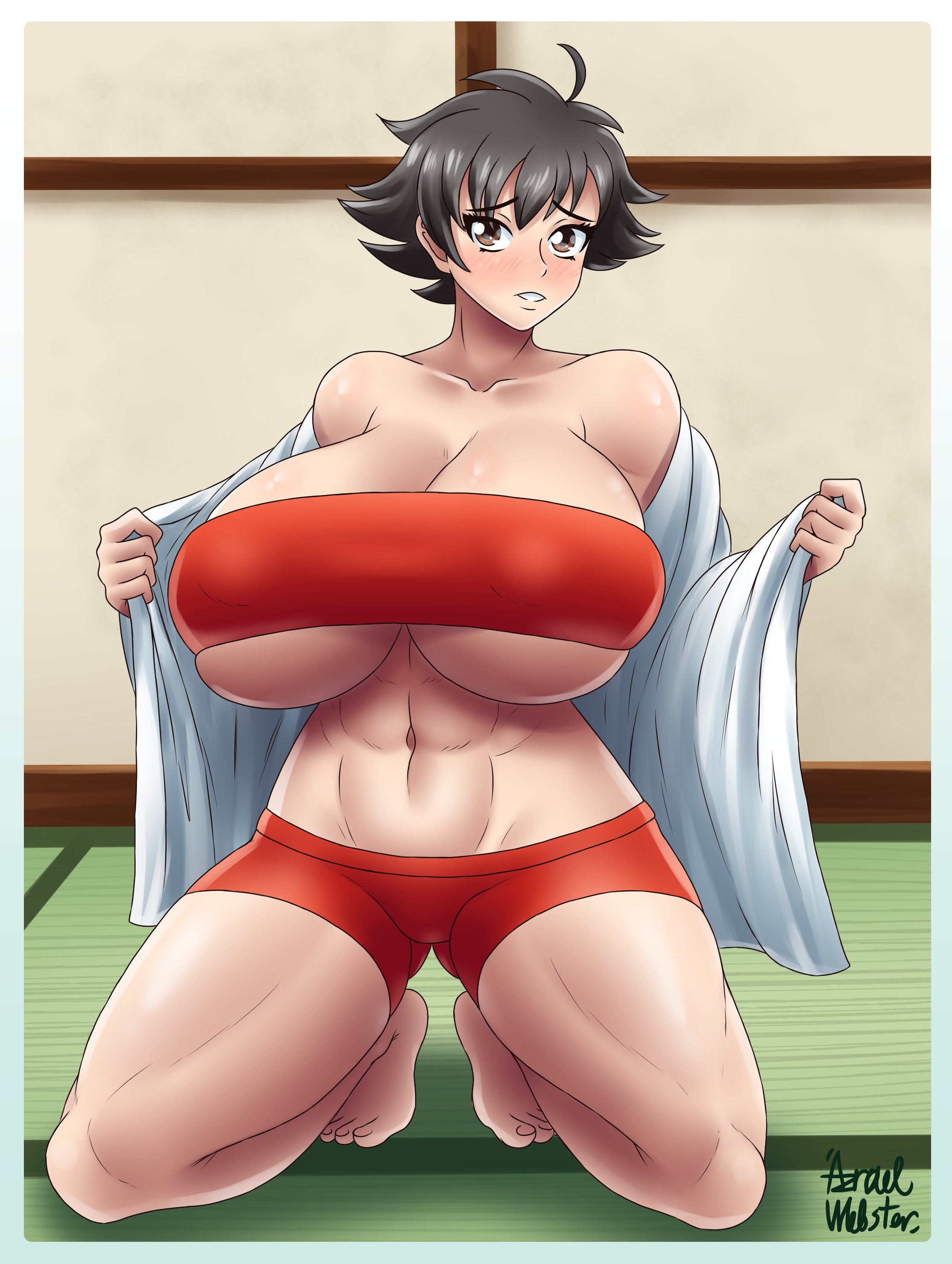 1girls, abs, ahoge, artist signature, athletic, azraelwebster, bare shoulders, barefoot, big breasts, black hair, blush, breasts, brown eyes, capcom, cleavage, collarbone, eyebrows visible through hair, eyelashes, female, female only, fit, fit female, huge breasts, human, human only, large breasts, looking at viewer, makoto (street fighter), muscular, muscular female, nipple bulge, short hair, short shorts, shorts, solo, solo female, squatting, street fighter, thick thighs, tomboy, tubetop, underboob