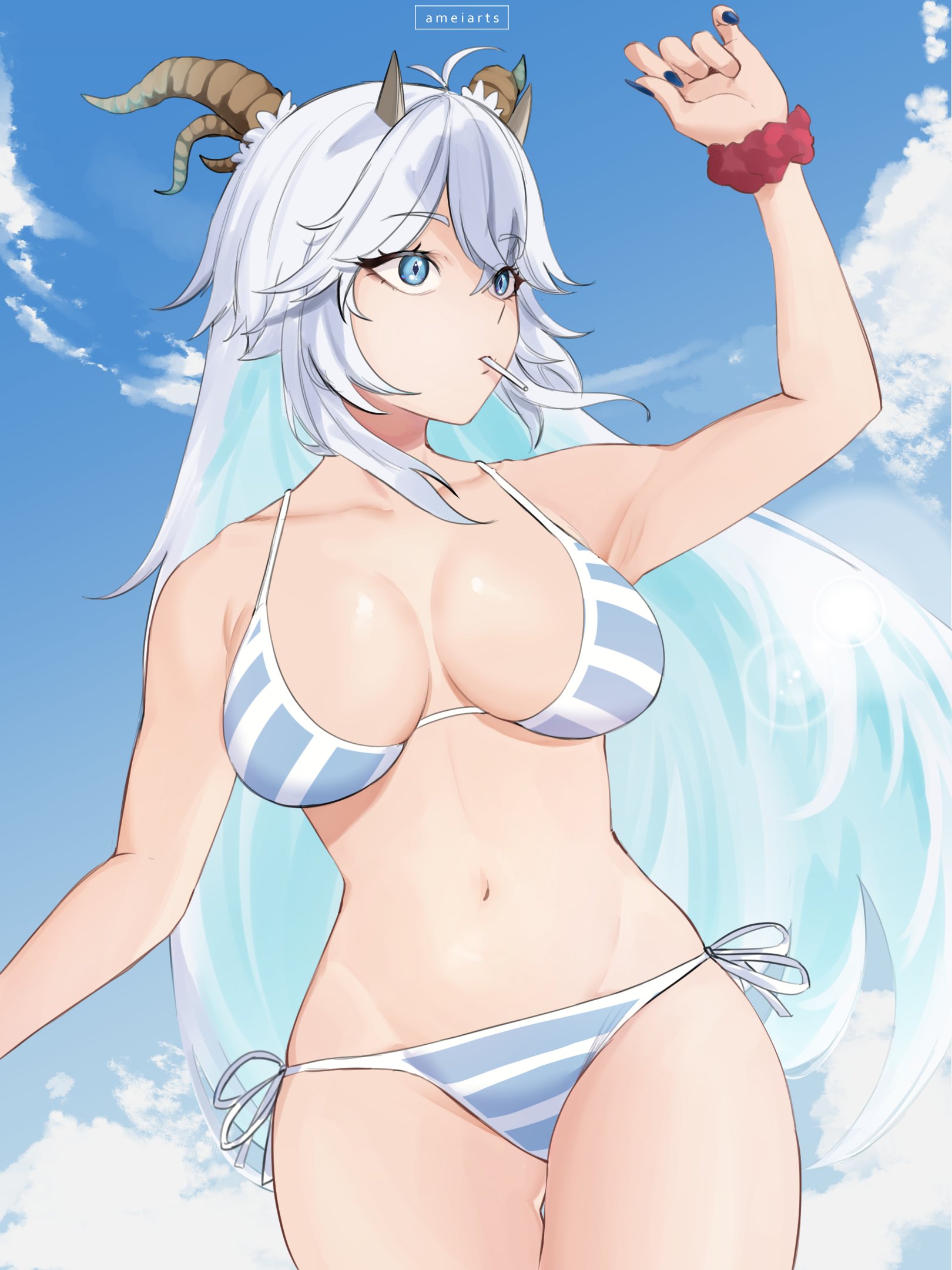1girls, ameiarts, beach, bikini, blue eyes, clouds, female, horns, light skin, light-skinned female, lollipop, lollipop in mouth, solo, solo female, swimsuit, veibae, virtual youtuber, vshojo, white hair
