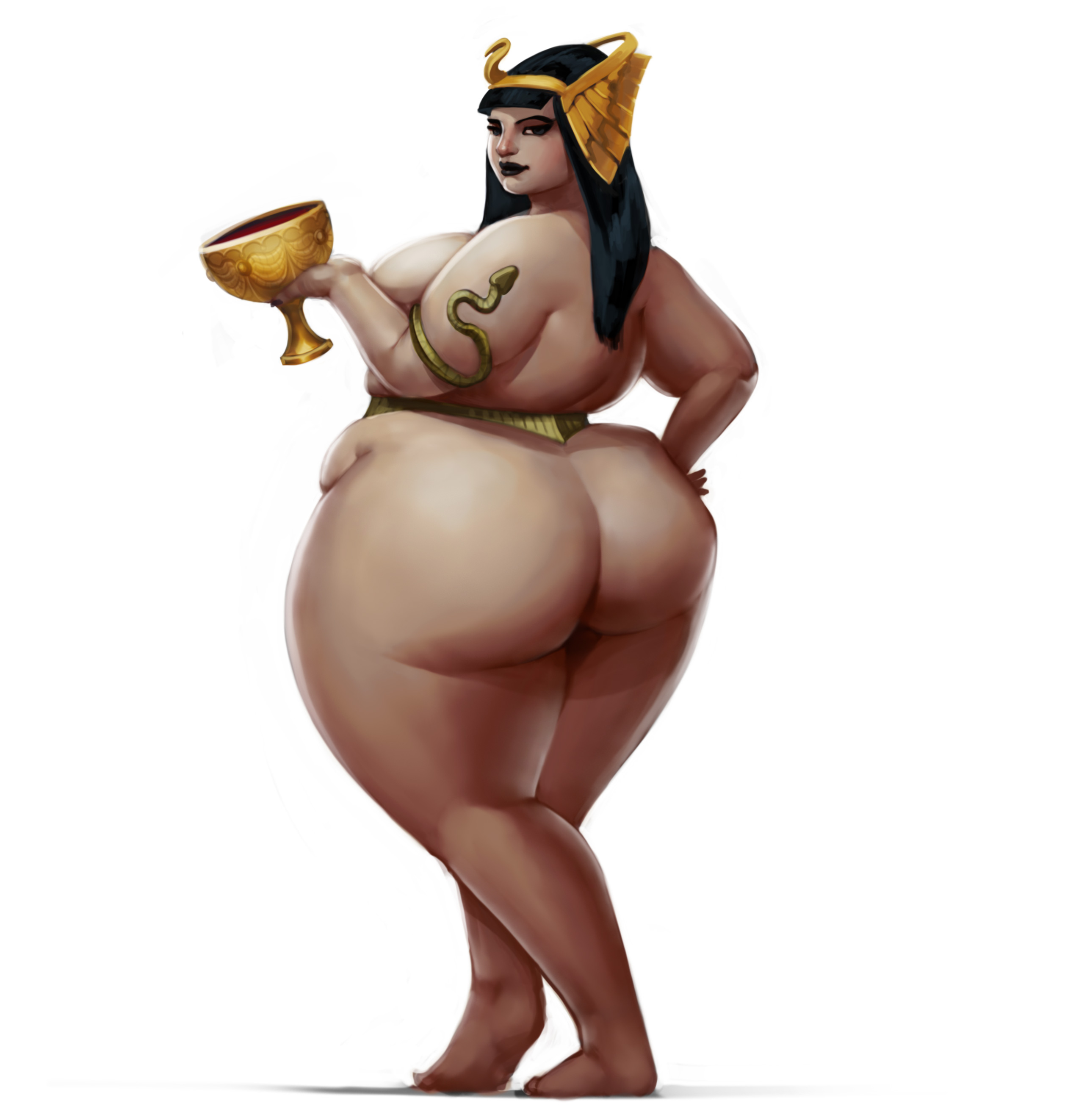 1girls, abebae, ass, bbw, big ass, big butt, chubby, cleopatra, dark skin, dark-skinned female, egyptian, fat ass, female, history, holding object, huge ass, large ass, nude, nude female, princess, simple background, solo, white background