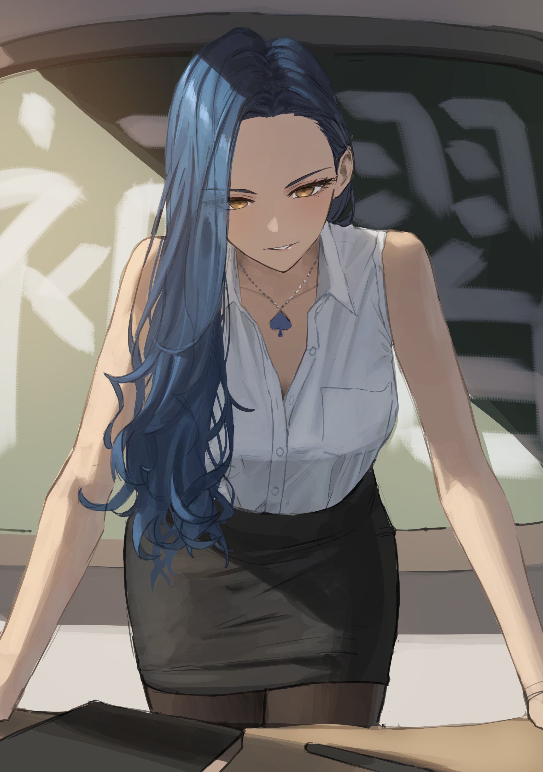 1girls, bare shoulders, blue hair, book, breasts, chalkboard, classroom, clothed, clothes, clothing, facing viewer, female, female only, front view, fully clothed, happy female, hara kenshi, hi res, hips, human, human only, humanoid, looking at viewer, mature female, milf, necklace, original, pantyhose, pencil skirt, school, shirt, skirt, solo, solo female, teacher, thick, thick thighs, thighs, voluptuous, wide hips, yellow eyes