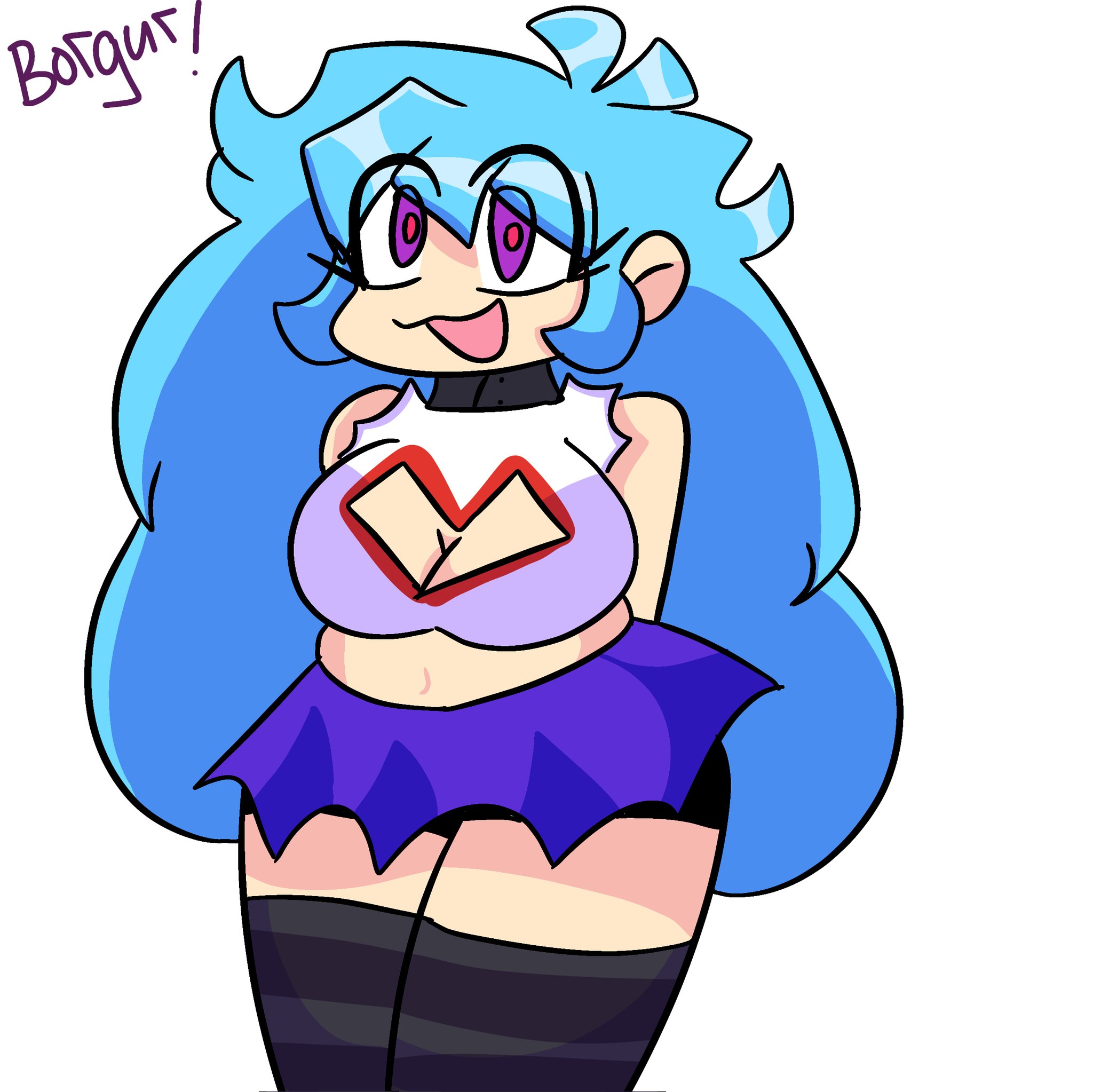 big breasts, blue hair, boob window, breasts, cropped legs, female, female only, friday night funkin, skirt, sky (friday night funkin), skyblue, skyverse, striped legwear, tagme