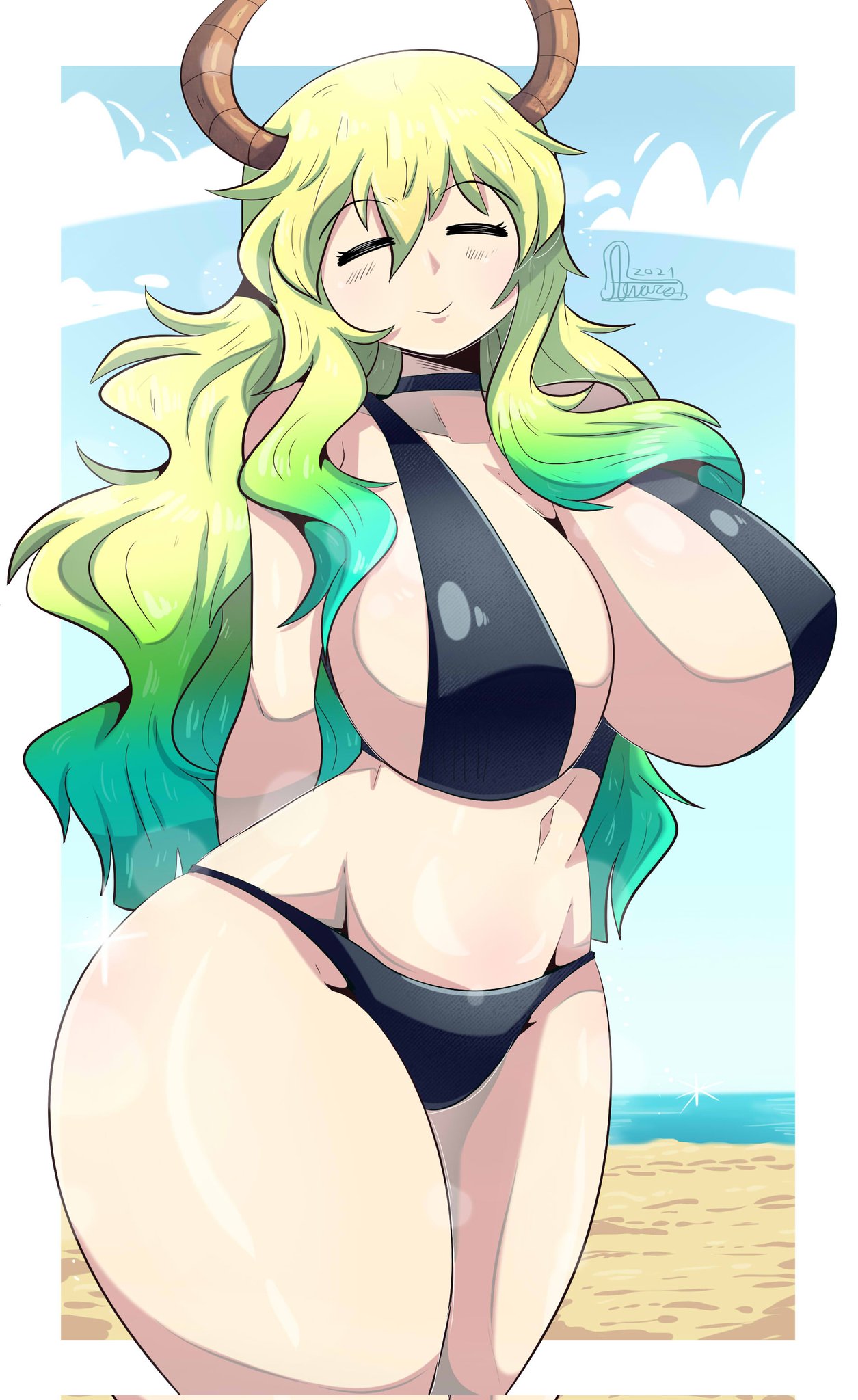1girls, alvarodibujill1, ass, beach, big ass, big breasts, big butt, bikini, breasts, breasts bigger than head, enormous ass, enormous breasts, female, female only, gigantic ass, gigantic breasts, green hair, horns, hourglass figure, huge ass, huge breasts, large breasts, long hair, looking at viewer, massive ass, massive breasts, miss kobayashi's dragon maid, quetzalcoatl (dragon maid), swimsuit, thick thighs