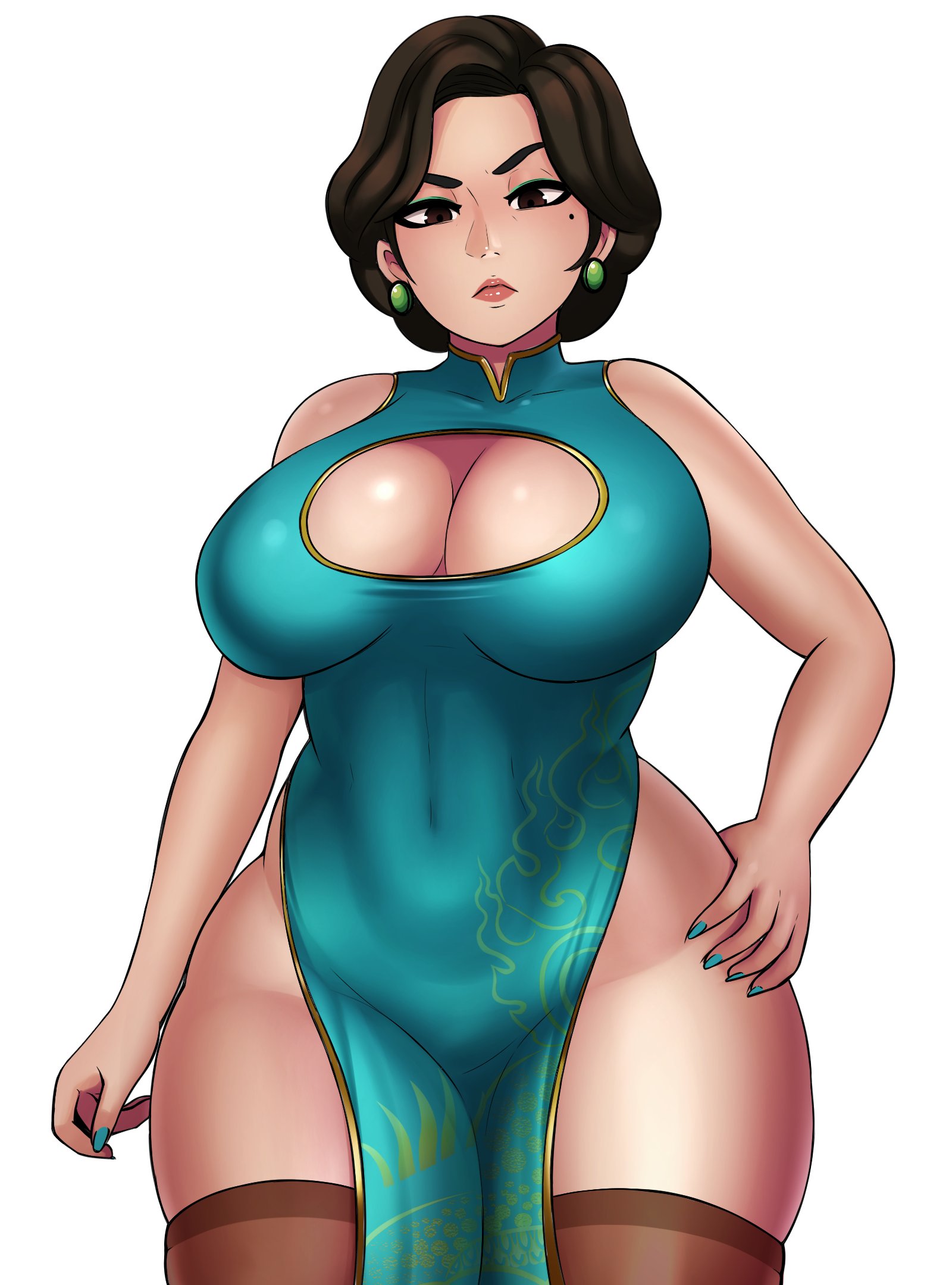 1girls, absurd res, breasts, brown eyes, brown hair, chinese clothes, cleavage, cleavage cutout, disney, female, female only, hi res, large breasts, mature female, milf, ming lee, mole, mole under eye, nowajoestar, pixar, qipao, solo, thick thighs, thighhighs, thighs, thunder thighs, turning red, white background, wide hips