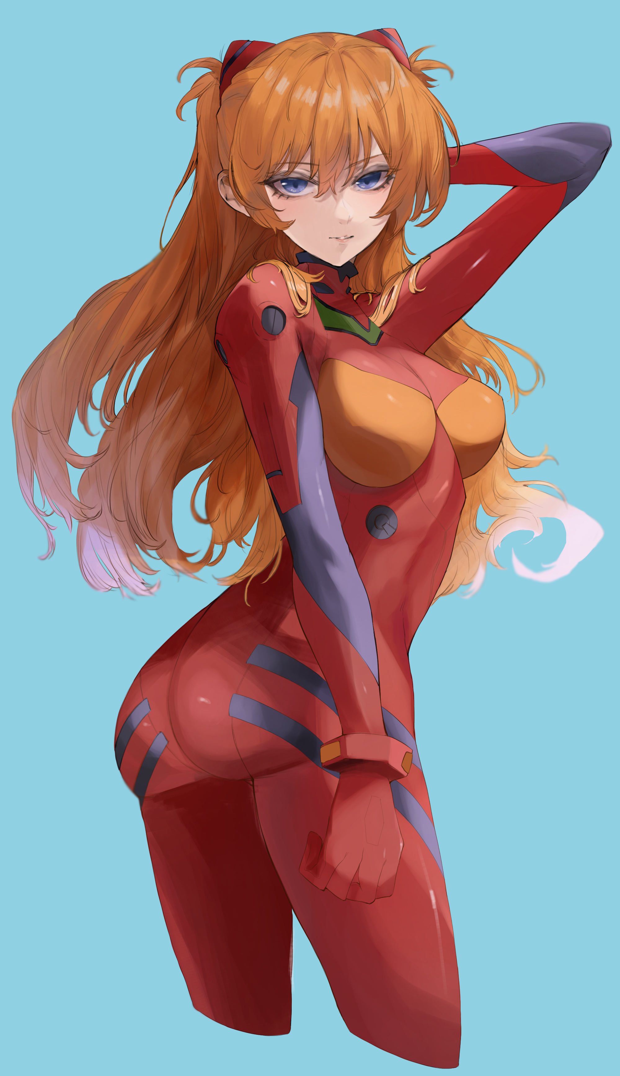 1girls, ass, asuka langley sohryu, blue eyes, bodysuit, breasts, clothing, female, female focus, female only, fully clothed, hi res, kataku musou, looking at viewer, looking back, medium breasts, neon genesis evangelion, orange hair, plugsuit, pose, posing, simple background, solo, tight clothing
