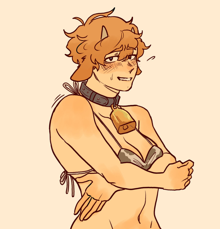 breasts, collar, covering breasts, cow bikini, cow ears, cow horns, cow outfit, cow print, cowbell, crossed arms, half-dressed, male, mcyt, minecraft, minecraft youtubers, sweatdrop, tommyinnit, twitch.tv, youtube, youtubers