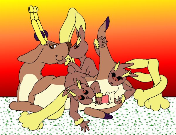 1boy brown_fur color fellatio female furry interspecies kissing lopunny male multiple_girls nintendo nude oral pokemon pokemon_(species) stantler straight