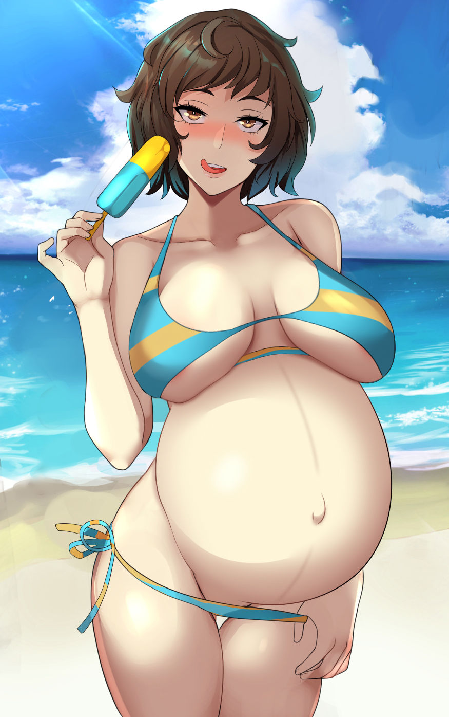 1girls, 2d, beach, bikini, blush, breasts, brown hair, edit, fanart, female, female only, huge breasts, ice cream, lainart, linea nigra, megami tensei, outdoors, outside, persona, persona 5, pregnant, ready to pop, sadayo kawakami, sagging breasts, seductive, solo female, standing, swimsuit