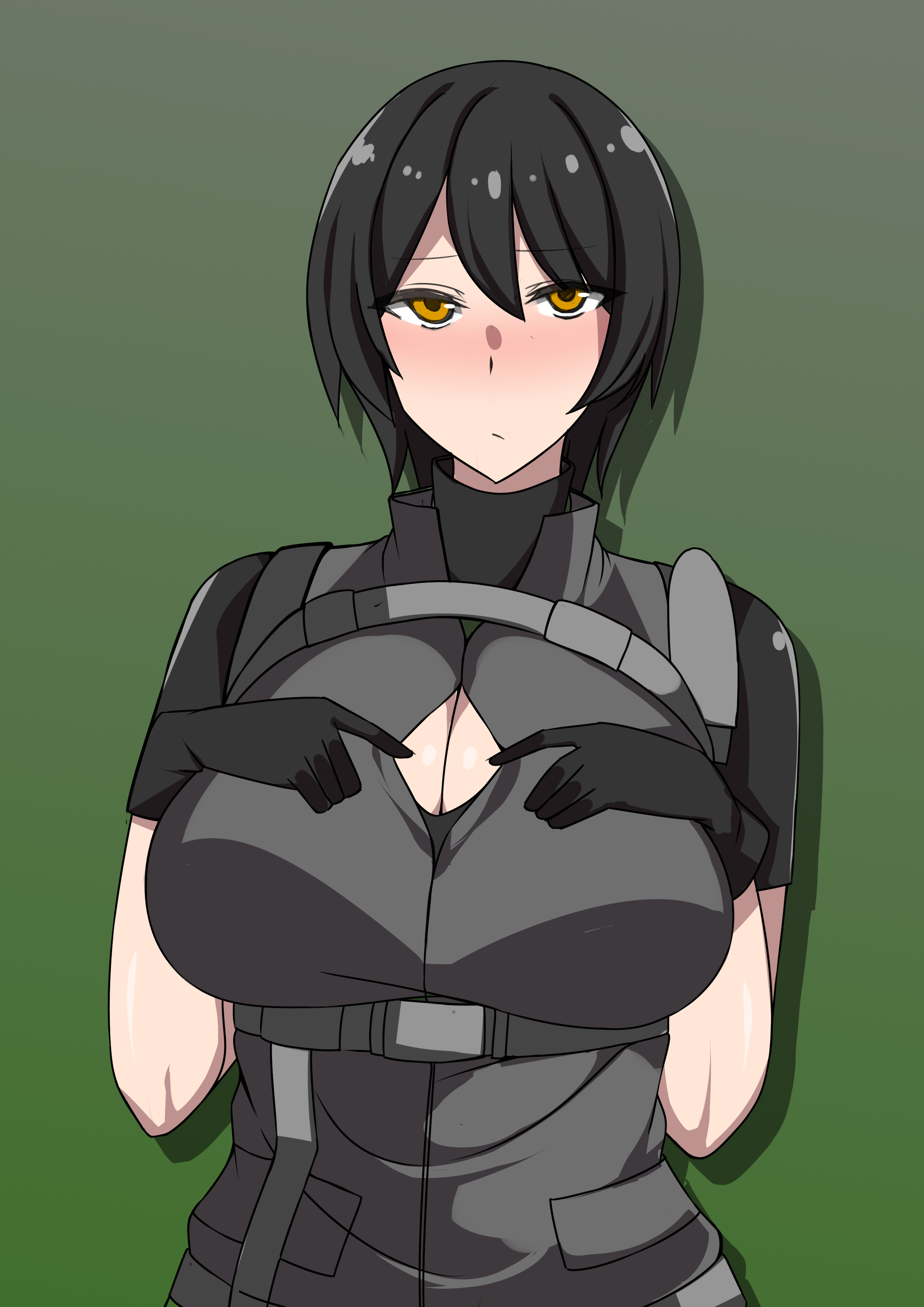 alex hendrickson, belt, black hair, blush, bodysuit, breakdown, breasts, brown eyes, cleavage, cleavage cutout, embarrassed, female, female only, gloves, large breasts, looking at viewer, military clothing, military uniform, paizuri invitation, pouch, ripped clothing, short hair, short sleeves, suitakaoka, suspenders, takaoka ryou, torn clothes, torn clothing, vest
