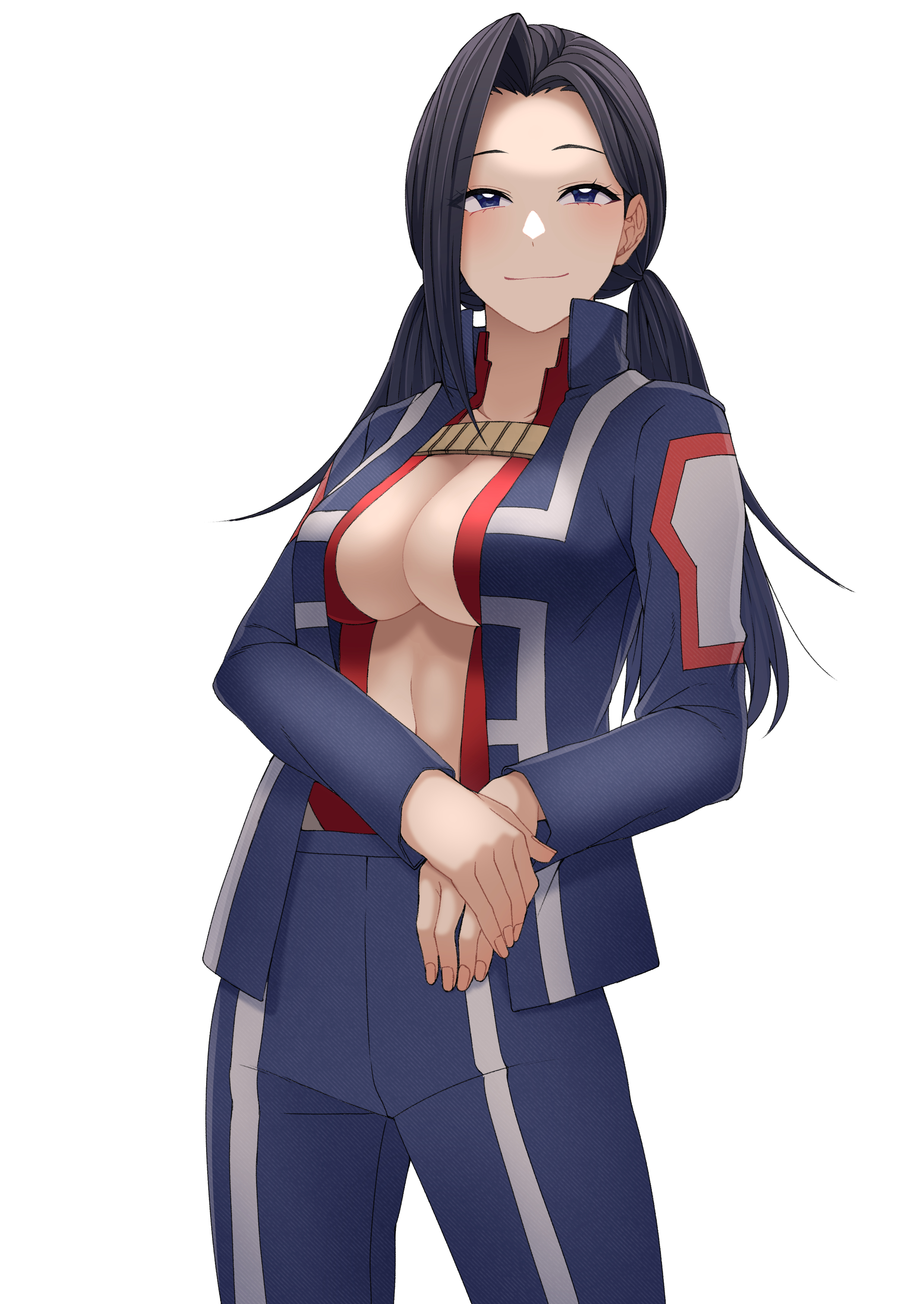 1girls, big breasts, black hair, black-haired female, breasts, female, female focus, female only, kobaji, long hair, momo yaoyorozu, my hero academia, solo, standing, twintails, white background