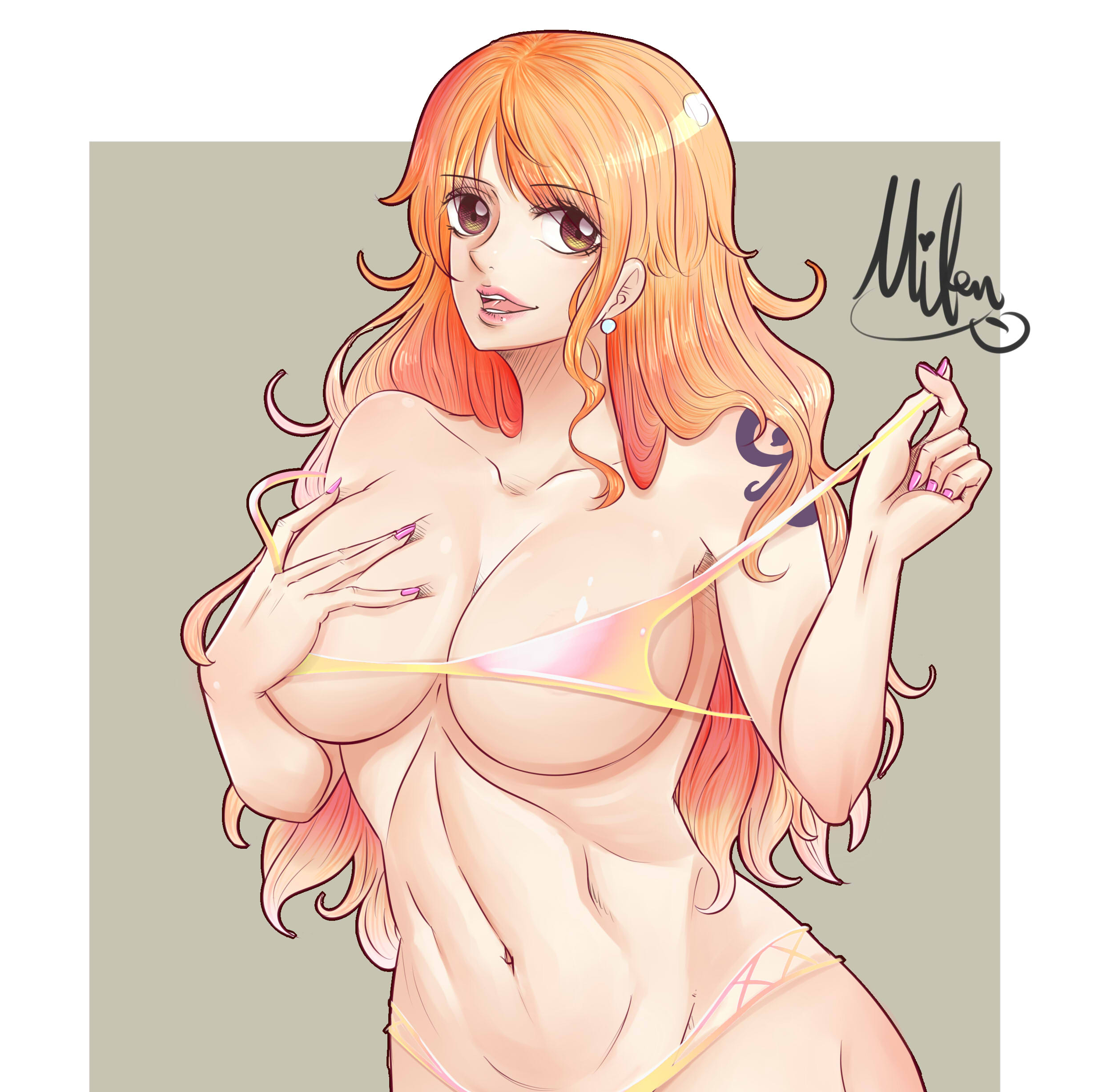 1girls, arm tattoo, big breasts, bikini, bikini top, bikini top removed, blue tattoo, breasts, brown eyes, busty, curvy, ear piercing, female, female only, hand on breast, light skin, light-skinned female, long hair, looking at viewer, micro bikini, mifenami, nami (one piece), navel, one piece, orange hair, orange-haired female, shoulder tattoo, solo, tattoo