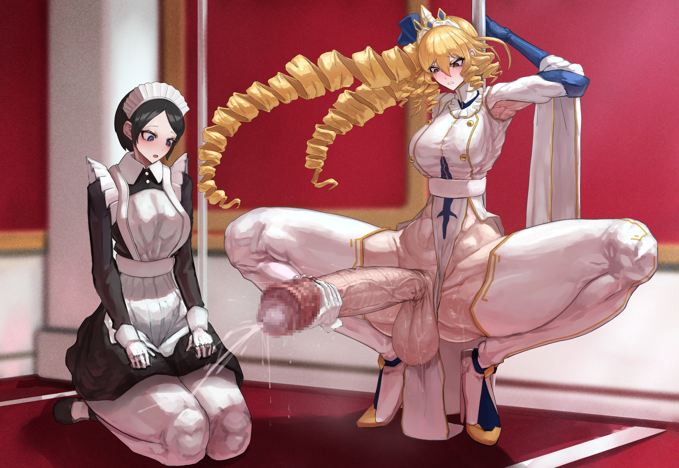 1futa, 1girls, balls, bottomless, breasts, canvassolaris, clothed, clothing, duo, female, foreskin, fully clothed, futanari, handjob, huge balls, huge breasts, huge cock, human, hyper, intersex, light skin, light-skinned female, light-skinned futa, maid, partially clothed, penis, precum, precum drip, uncircumcised, veins, veiny, veiny penis