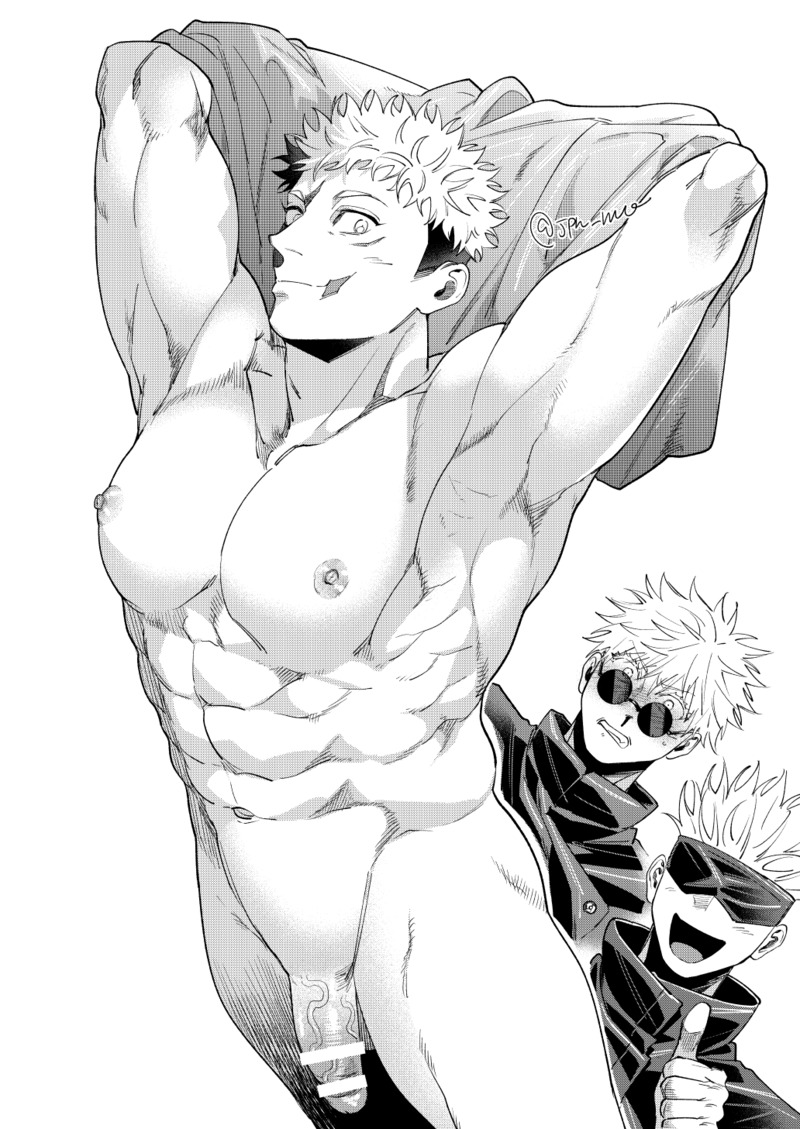 2boys abs bar_censor blindfold blush ccccc_(jpn_m0) censored closed_mouth completely_nude covered_eyes facial_mark flaccid greyscale high_collar itadori_yuuji jacket jujutsu_kaisen looking_at_another looking_at_viewer male_focus male_only monochrome multiple_boys navel nipples nude open_mouth penis round_eyewear satoru_gojo scar scar_on_face scar_on_mouth shirt shirt_removed short_hair smile spiked_hair sunglasses thumbs_up twitter_username undercut undressing