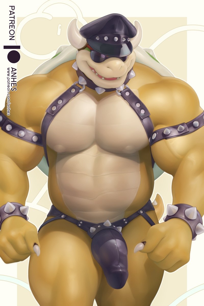 1boy abs anhes anthro bara bowser claws furry gay hat horns huge_cock huge_muscles koopa leather leather_cuffs leather_harness male male_focus male_only male_tits mario_(series) muscles muscular muscular_male nipples non-mammal_balls non-mammal_nipples pectorals shell solo spiked_bracelet spiked_collar spikes spiky_shell standing sunglasses tail