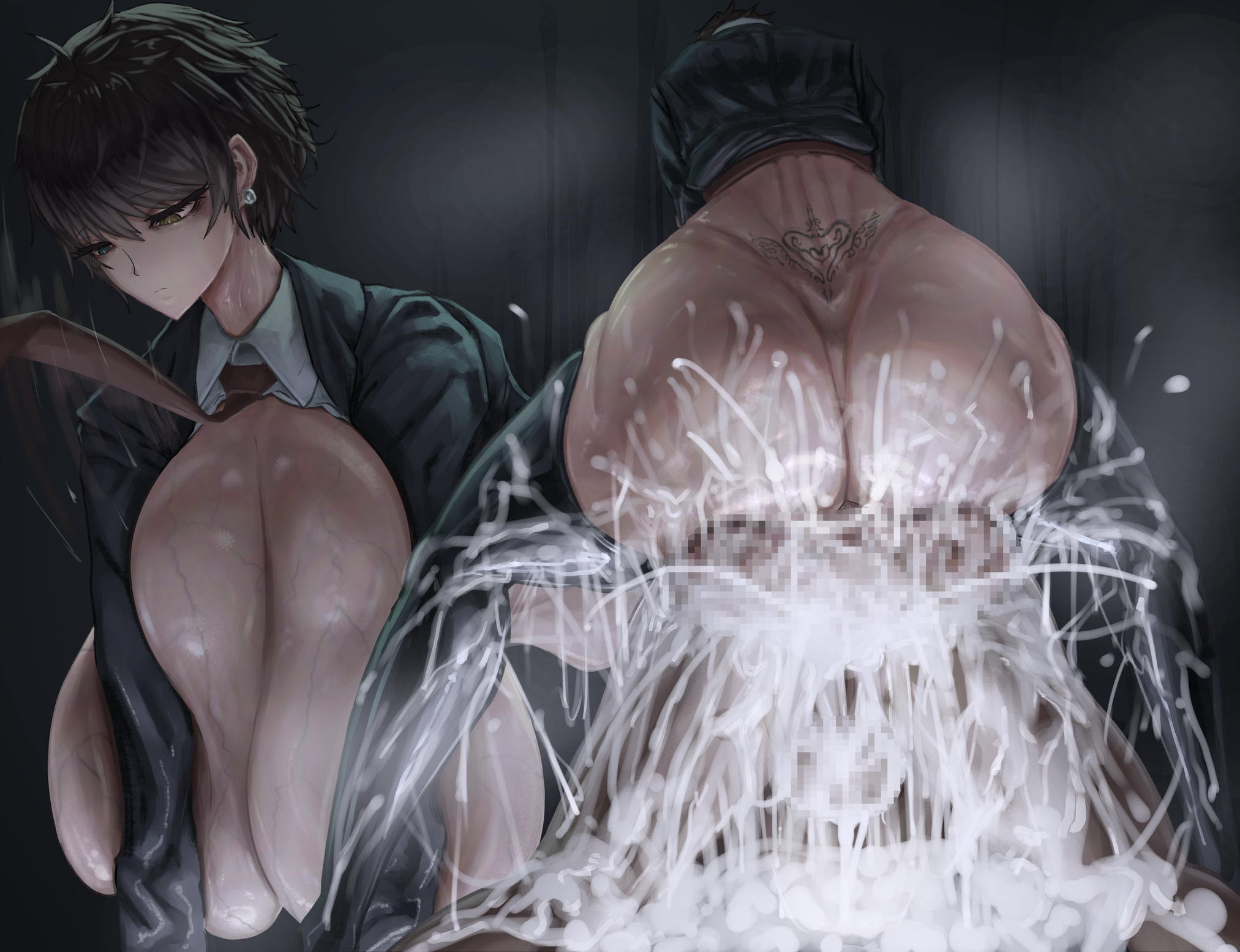 1boy, 1futa, anal, anal insertion, anal sex, ass, balls, big ass, bleached, bottomless, breasts, canvassolaris, censored, chocolate and vanilla, clothing, cum, cum in ass, cum inside, cum on ass, cum on floor, cumshot, dark skin, dark-skinned male, dark-skinned sub, earrings, excessive cum, expressionless, femboy, futa is bigger, futa on male, futadom, futanari, huge ass, huge balls, huge breasts, huge cock, interracial, intersex, legwear, light-skin, light-skinned futanari, long legs, male, messy, mostly clothed, penis, shiny skin, short hair, sweat, tattoo, thick thighs, thighhighs, veins, veiny, veiny breasts, veiny penis, white is bigger, wide hips