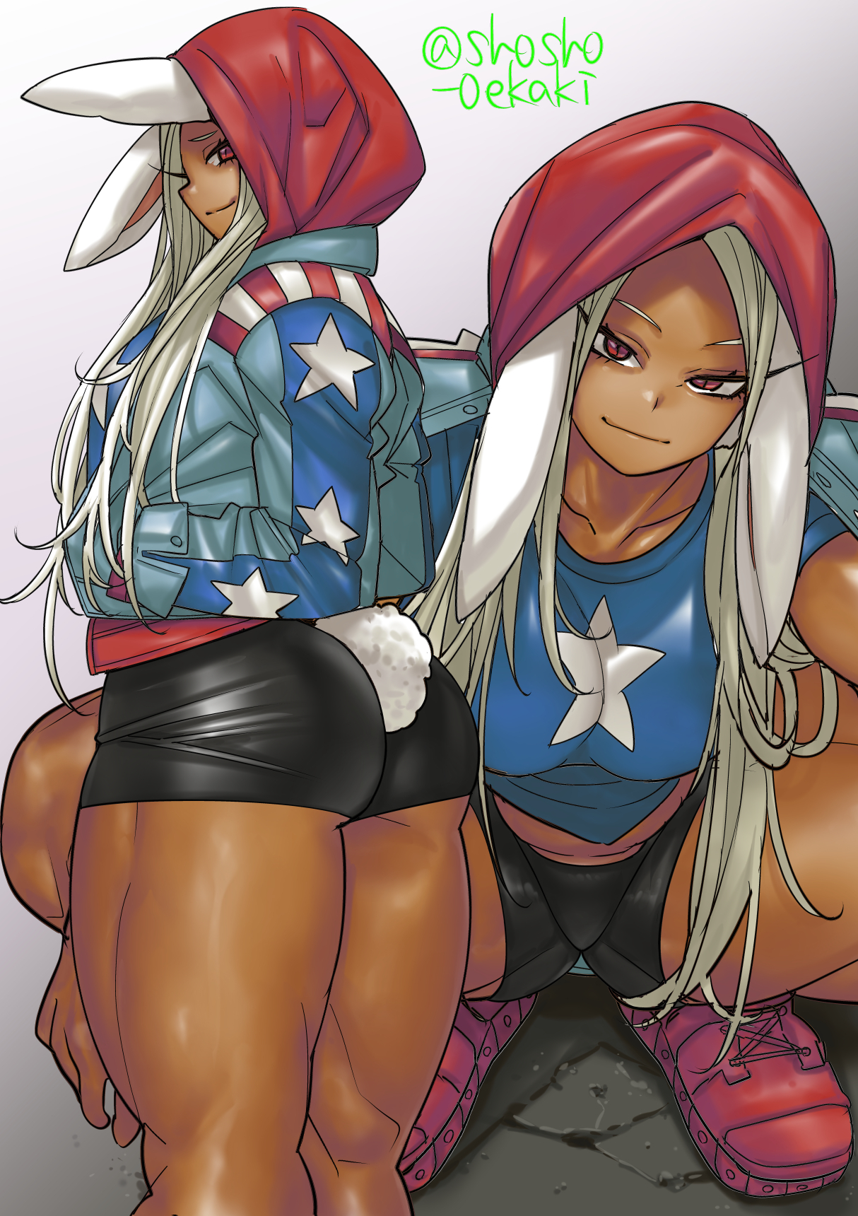 1girls, america chavez, america chavez (cosplay), ass, big ass, breasts, bunny ears, bunny girl, bunny tail, clothed, clothed female, clothing, cosplay, crossover cosplay, dark skin, dark-skinned female, denim, denim jacket, female, female only, footwear, fully clothed, hands in pockets, happy, jacket, long hair, looking at viewer, looking back, looking back at viewer, marvel, marvel comics, medium breasts, minishorts, miruko, multiple views, my hero academia, open jacket, red eyes, red hair, rumi usagiyama, shoes, short tail, shorts, shosho oekaki, side view, smile, smirk, sneakers, solo, squatting, standing, tail, tight clothing, white hair